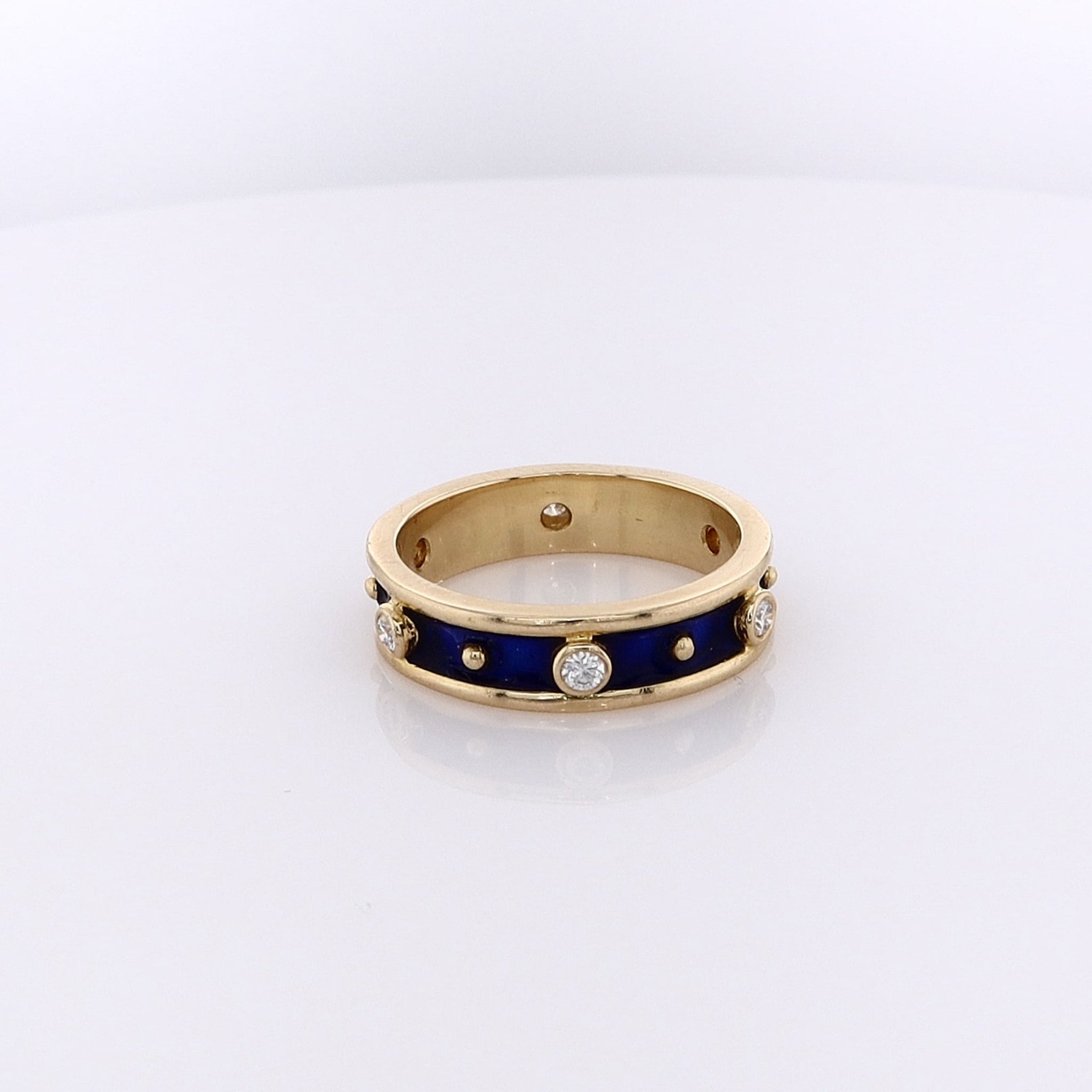 Exquisite Estate 18 Karat Yellow Gold Blue Enamel and Diamond Eternity Band Ring for a Timeless Look