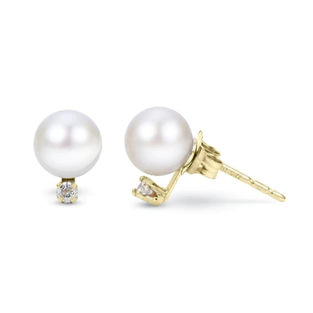 14k Yellow Gold Freshwater Pearl Studs with Diamond Accents