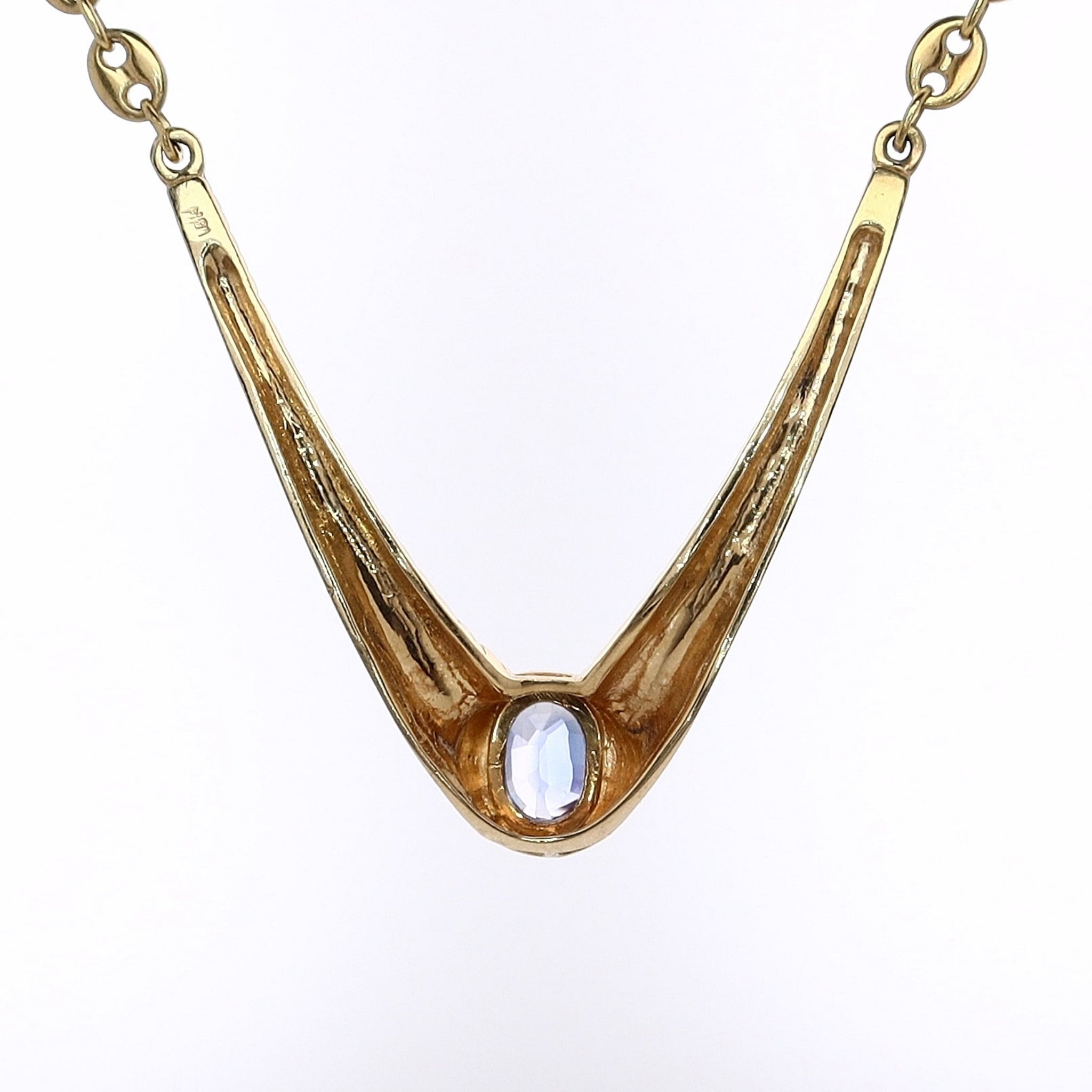 Luxurious Estate 18k Yellow Gold Ribbed V - Shaped Design Sapphire Jewelry Necklace