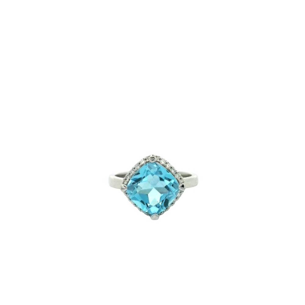 Exquisite Lisa Nik 18k White Gold Ring with Cushion Cut Swiss Blue Topaz and Diamond Halo Ornament