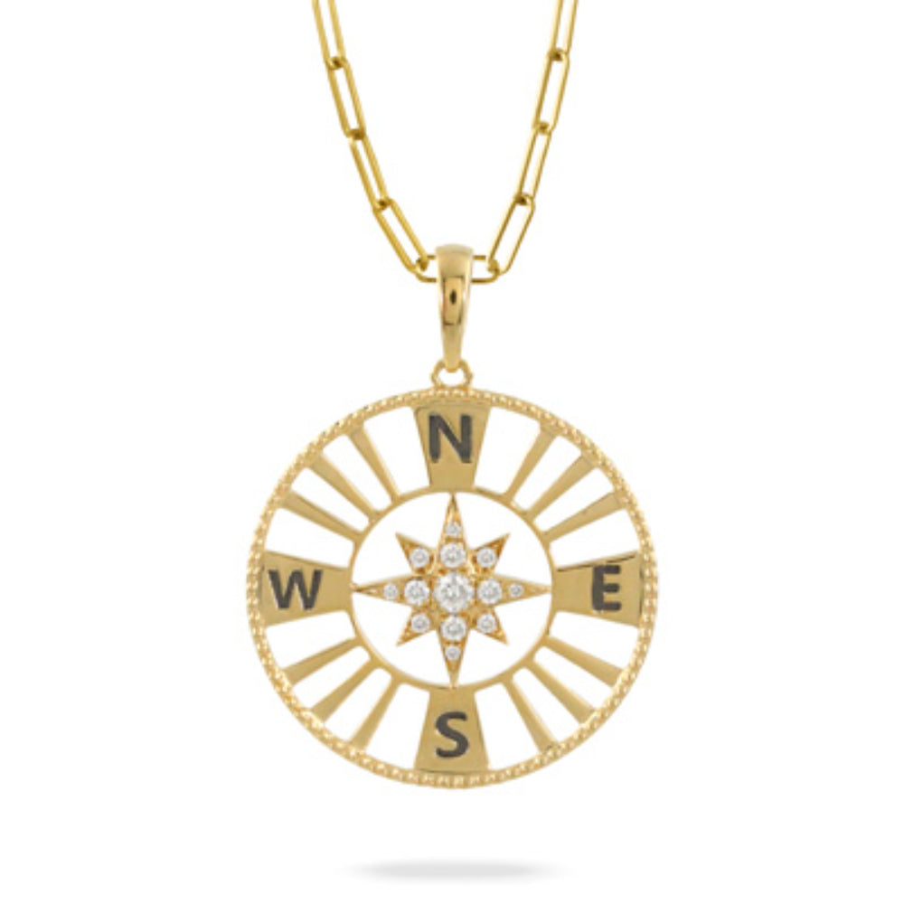 Exquisite 18k Gold Compass Medallion Necklace Embellished with Diamonds