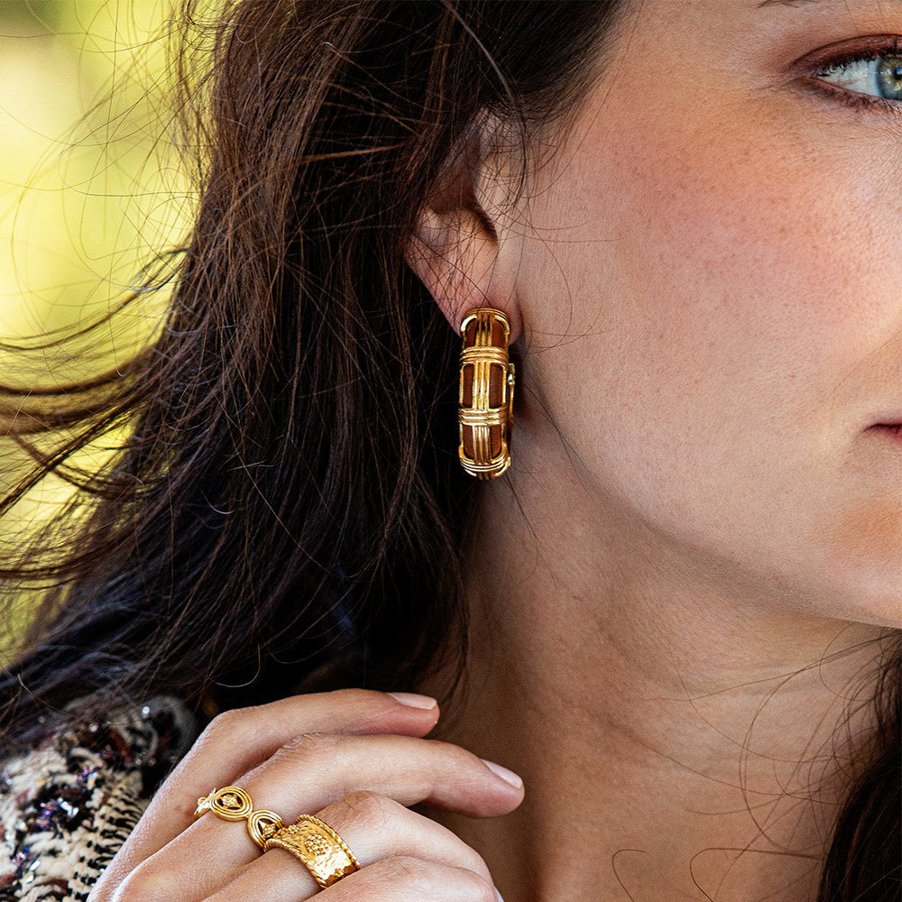 Wulf Gaia Cage Style Hand - Carved Teak Capucine Hoop Earrings