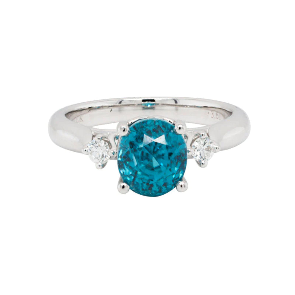 14k Gold Three Stone Ring with Blue Zircon and Diamonds