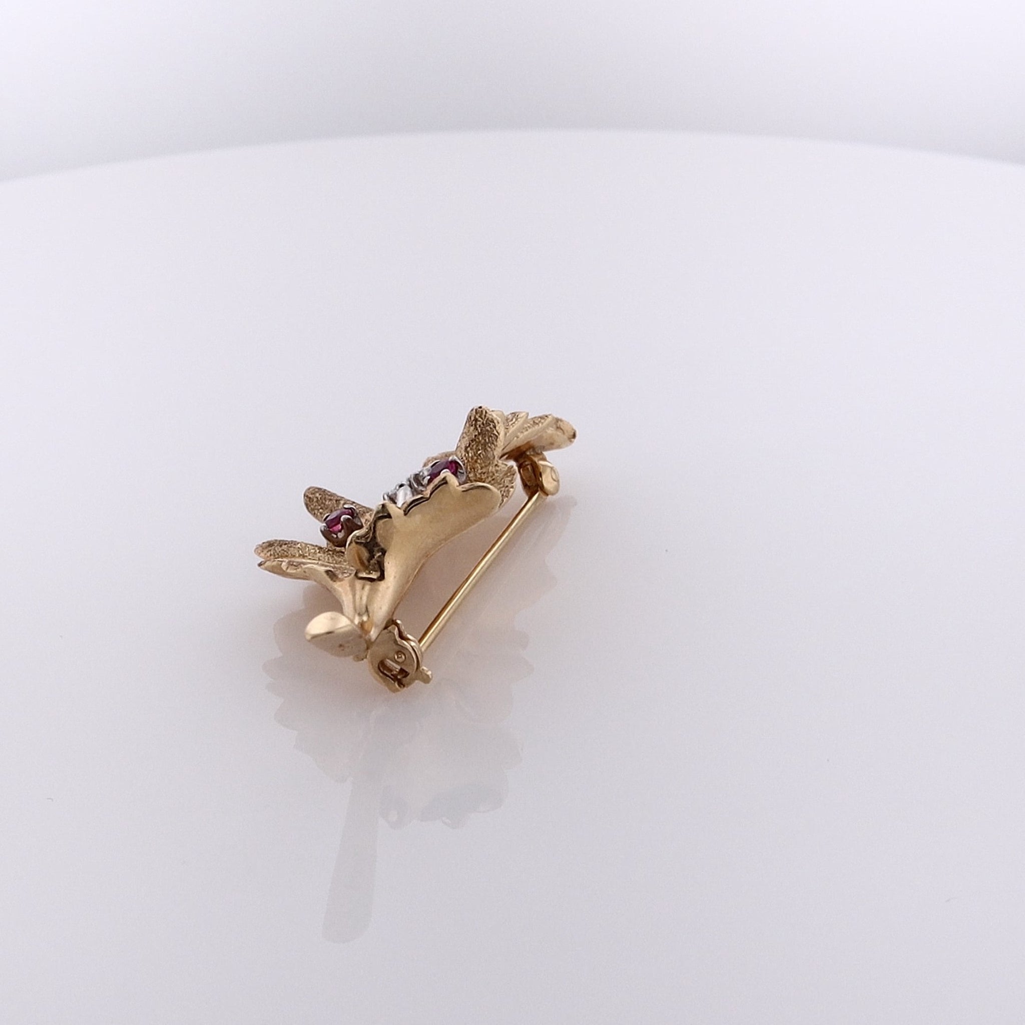 Exquisite 14k Two Tone Gold Ruby and Diamond Leaf Design Brooch Pin