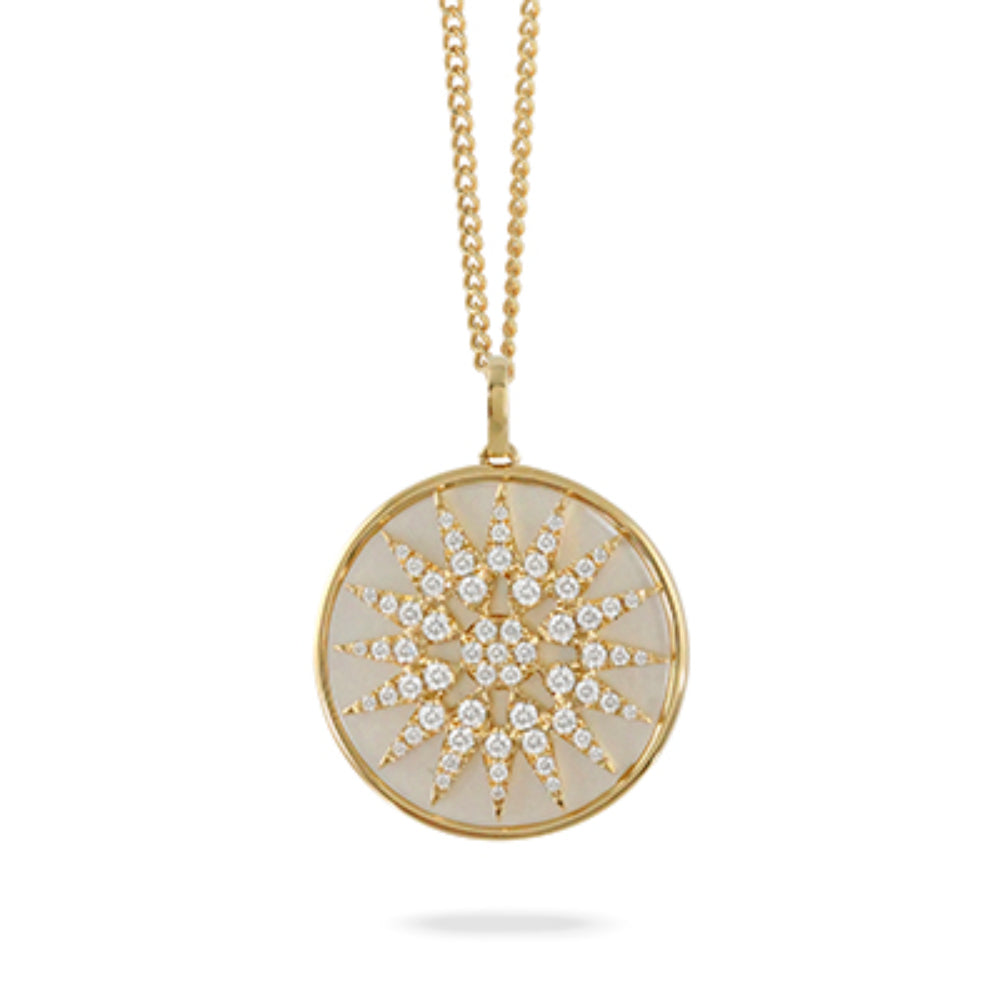 18k Gold Starburst Pendant Necklace with White Mother of Pearl and 0.63 cts Diamonds
