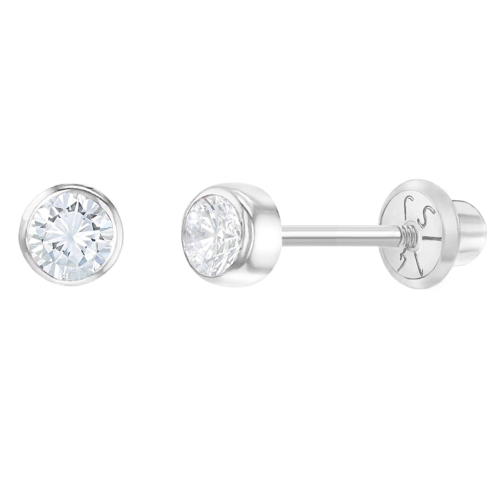 14k White Gold 3mm Bezel Round Cubic Zirconia Screw Back Earrings for Children
