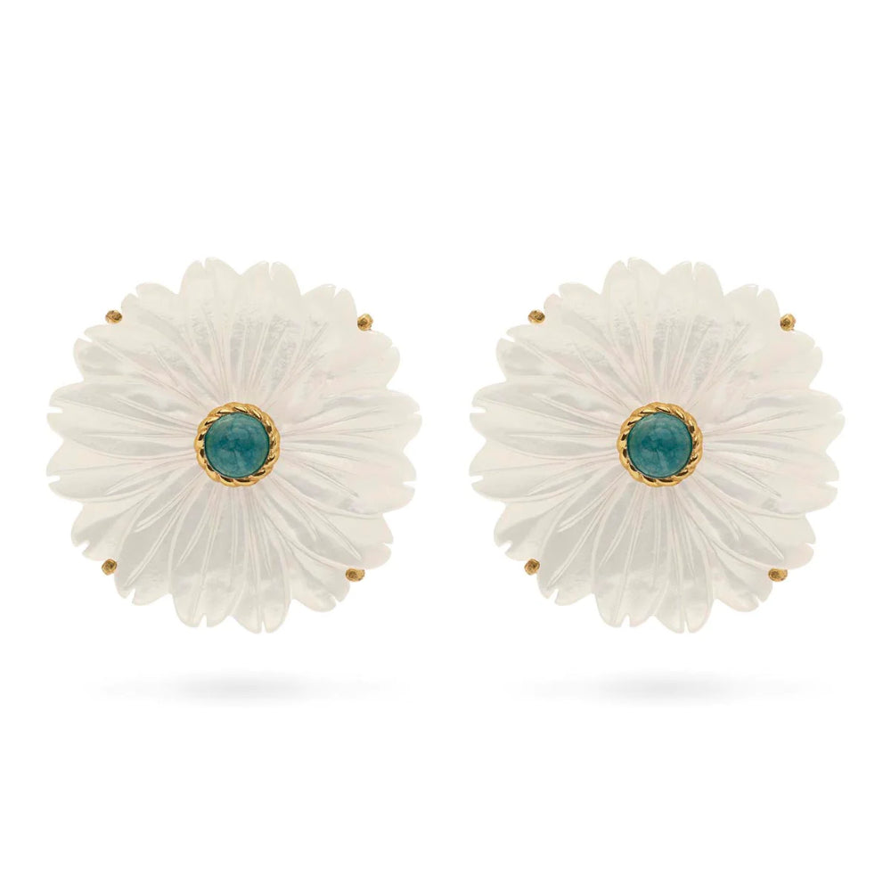 Exquisite Capucine de Wulf Mermaid Garden Flower-Inspired Stud Earrings Crafted from Mother of Pearl and Ocean Jade