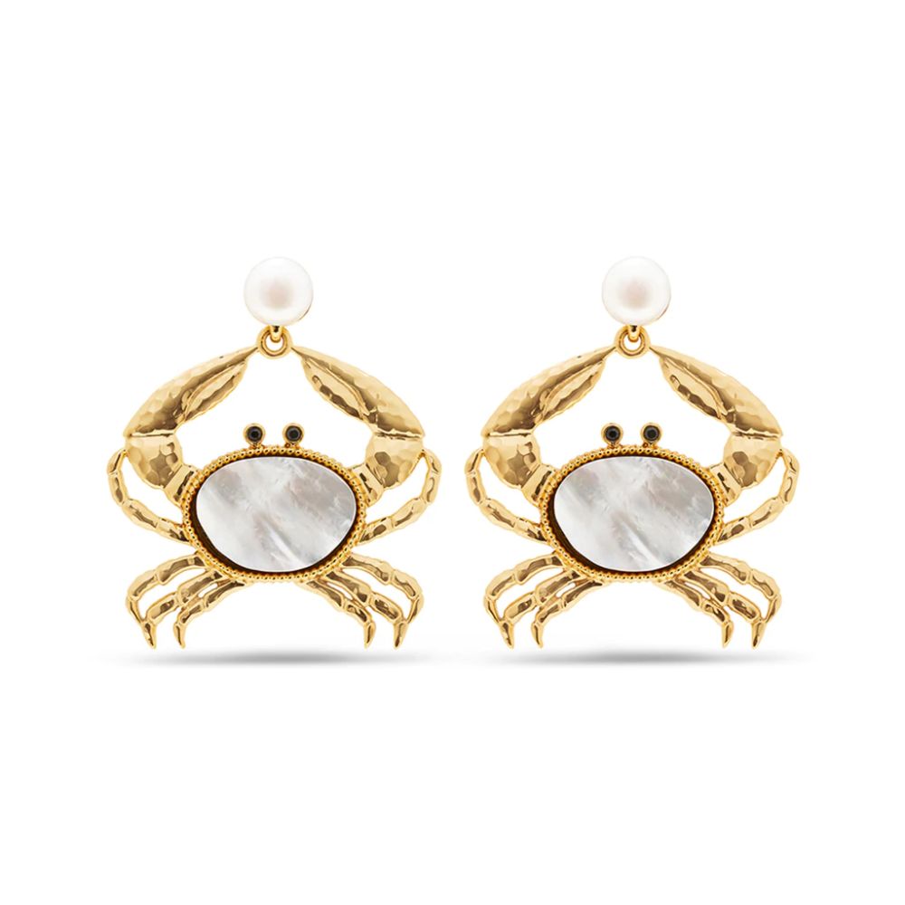 18K Yellow Gold Plated Capucine De Wulf Crab-Shaped Mother of Pearl Side Walker Earrings