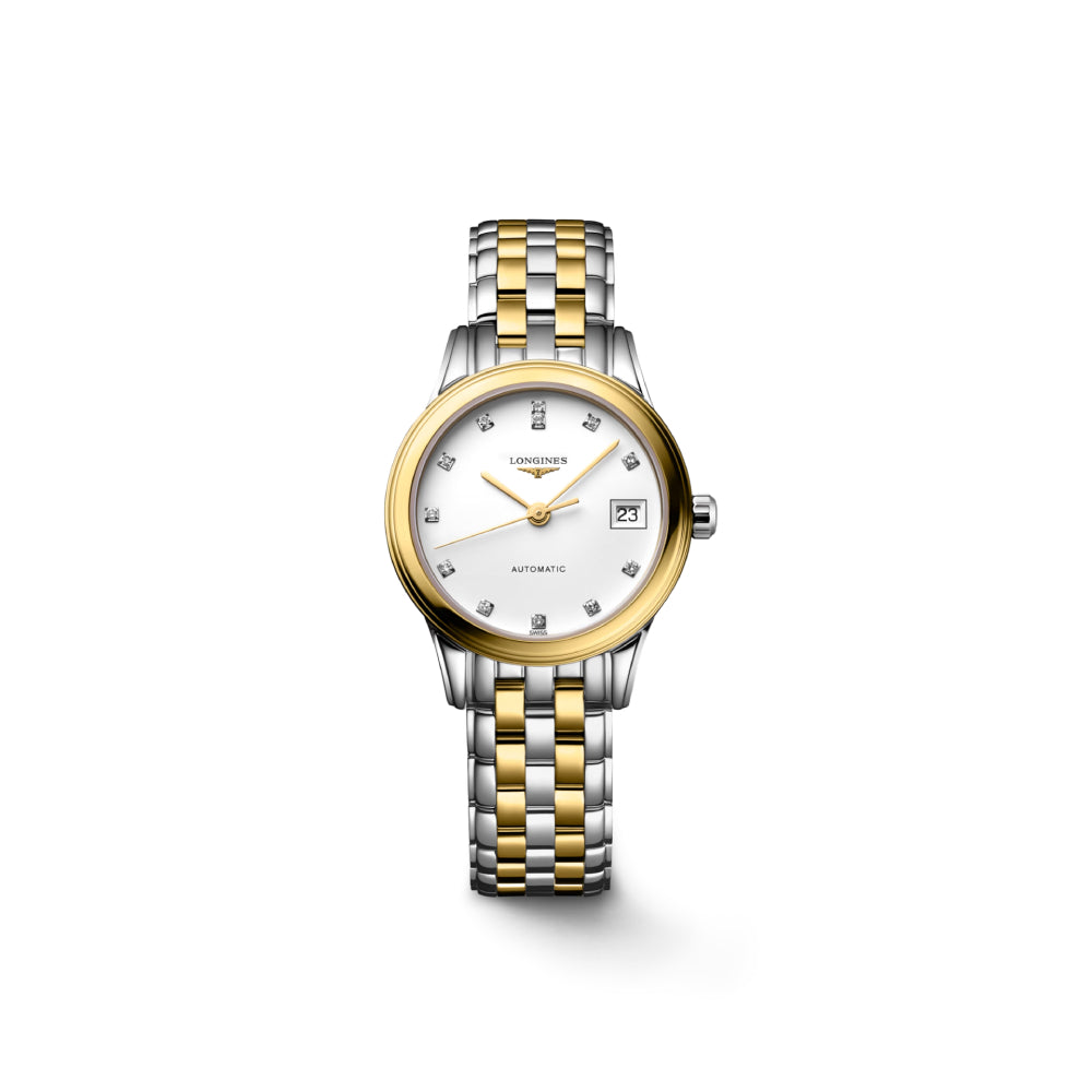 Longines 26mm Two-Tone Automatic Watch with White Matte Dial and Diamond Indexes, L42743277