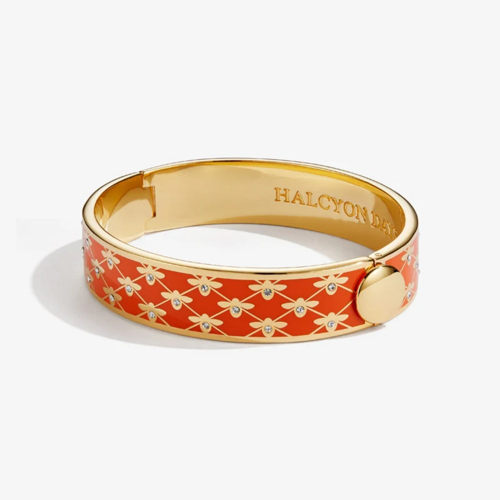 Halcyon Days 13mm Gold - Plated Enamel Hinged Bee Sparkle Trellis Design Jewelry Bangle