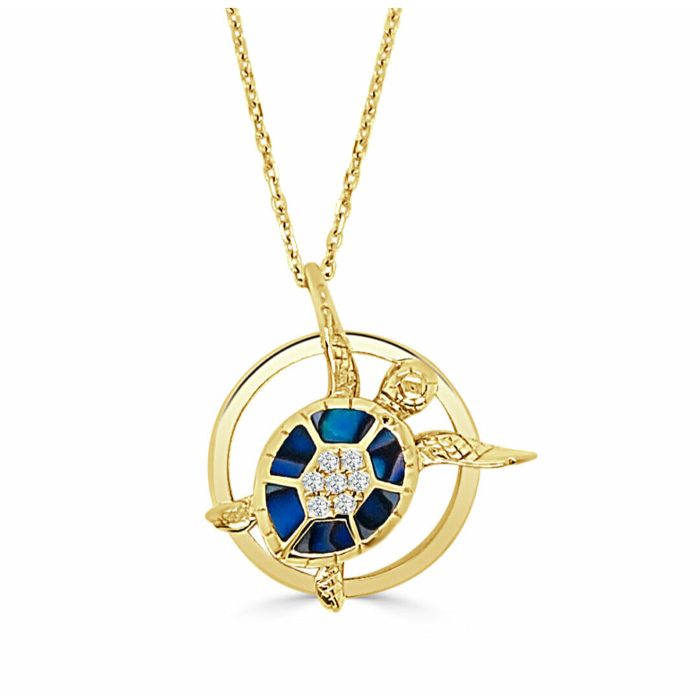 14k Gold Abalone Swimming Turtle Design Pendant Necklace