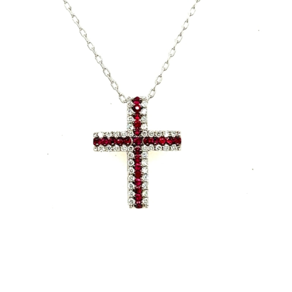 Gorgeous 18k Gold Ruby and Diamond-Embedded Cross-Shaped Pendant Necklace