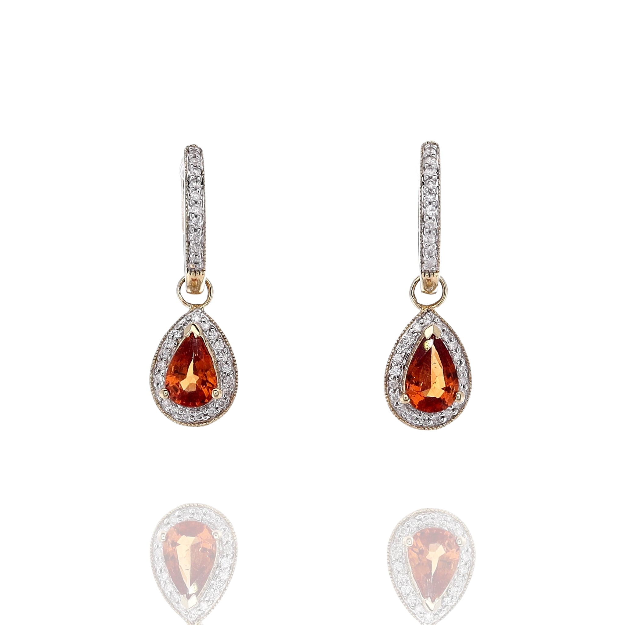 14k Yellow Gold Estate Orange Garnet and Diamond Dangle Hoop Earrings - Exquisite Jewelry Piece