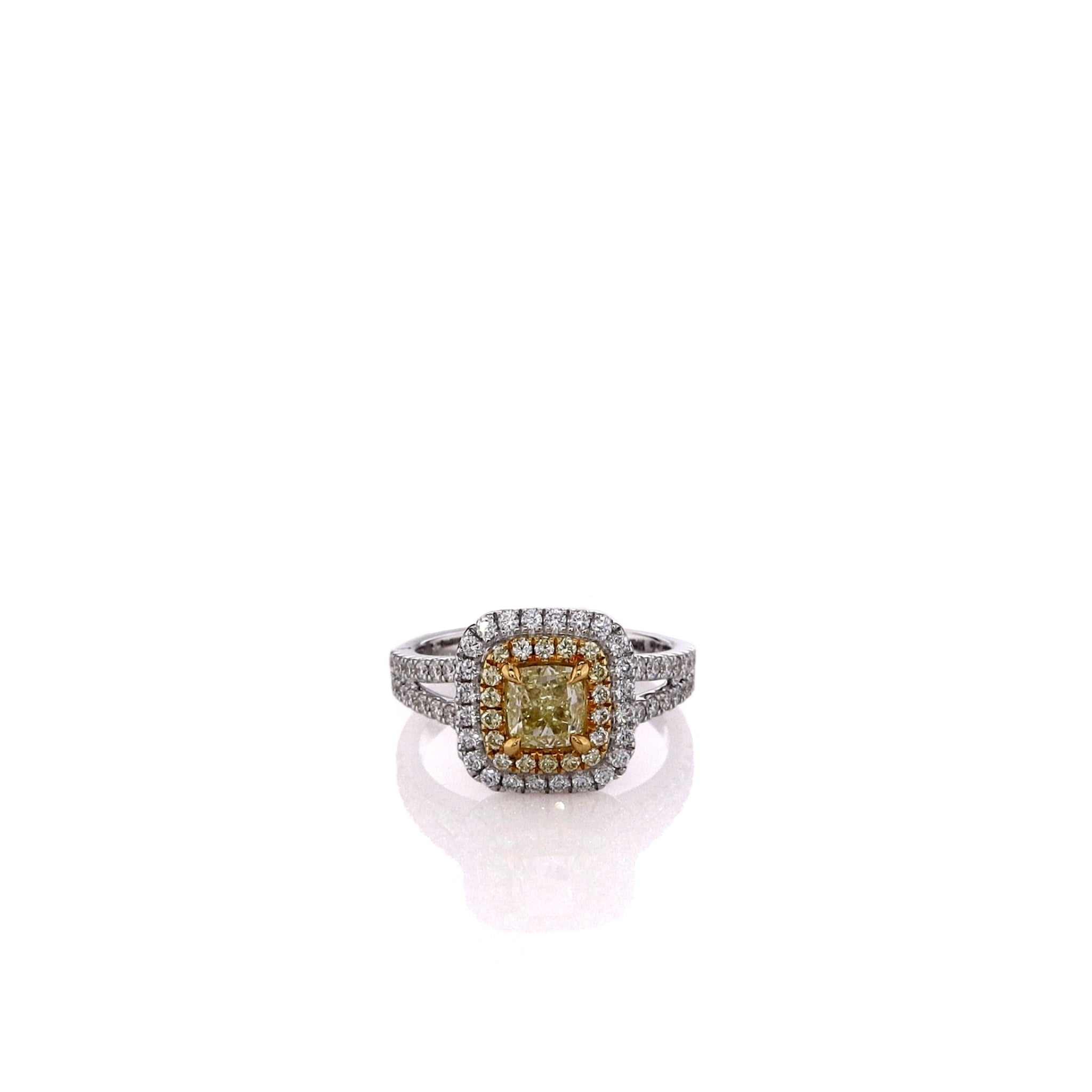 18k Gold Two-Tone Double Halo and Split Shank Engagement Yellow and White Diamond Ring for Women