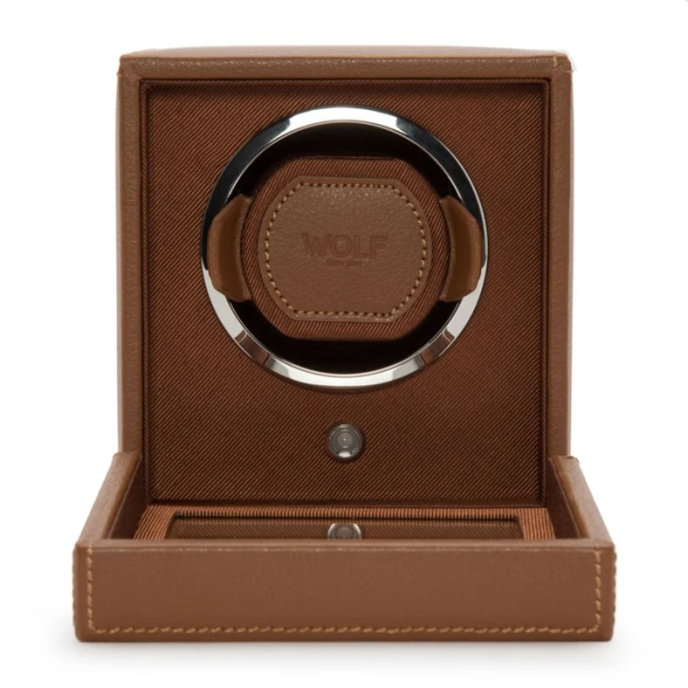 Cognac-Colored Single Wolf Cub Watch Winder with Protective Cover for Your Timepiece
