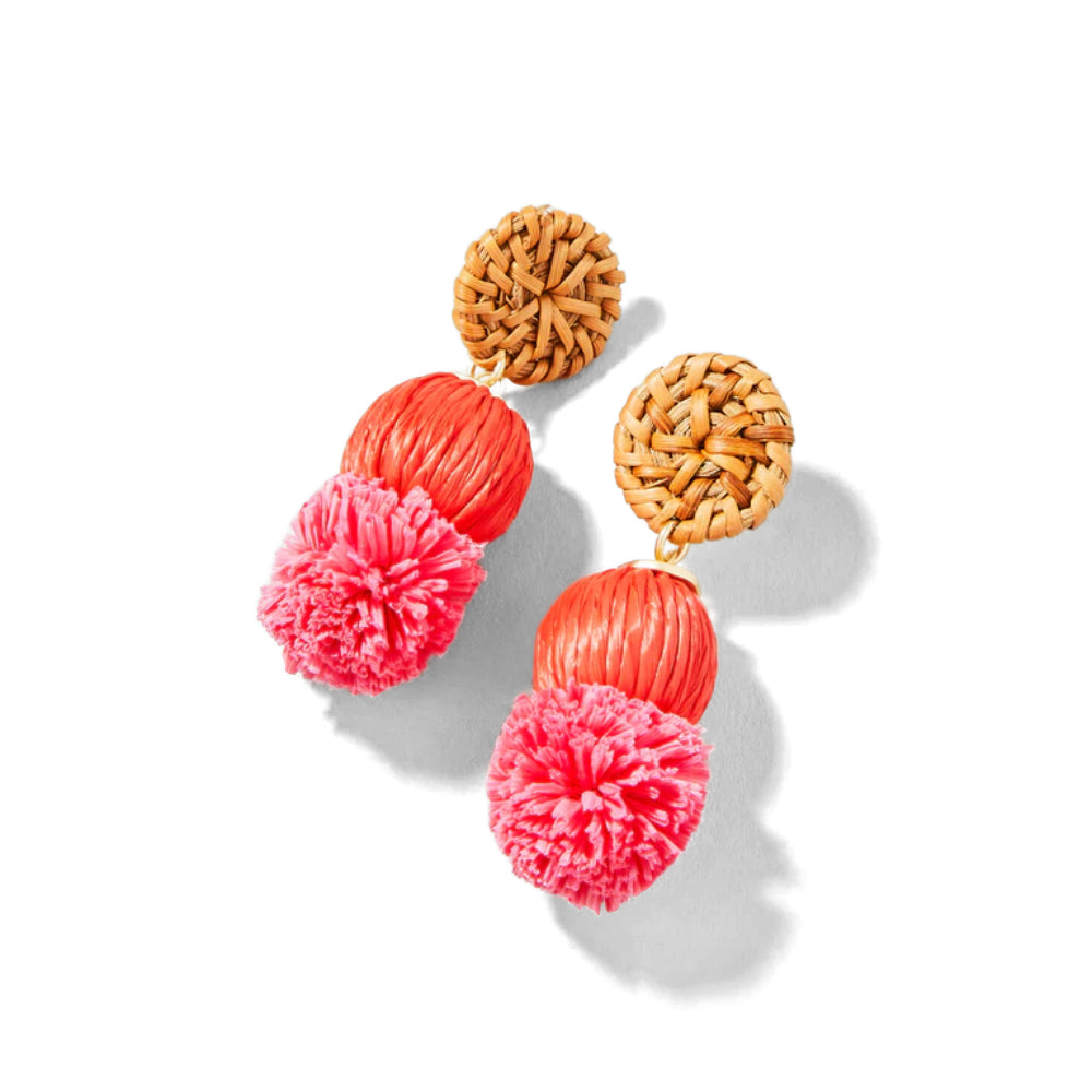 Red Spartina Handmade Straw Pom Pom Earrings for Tropical Style