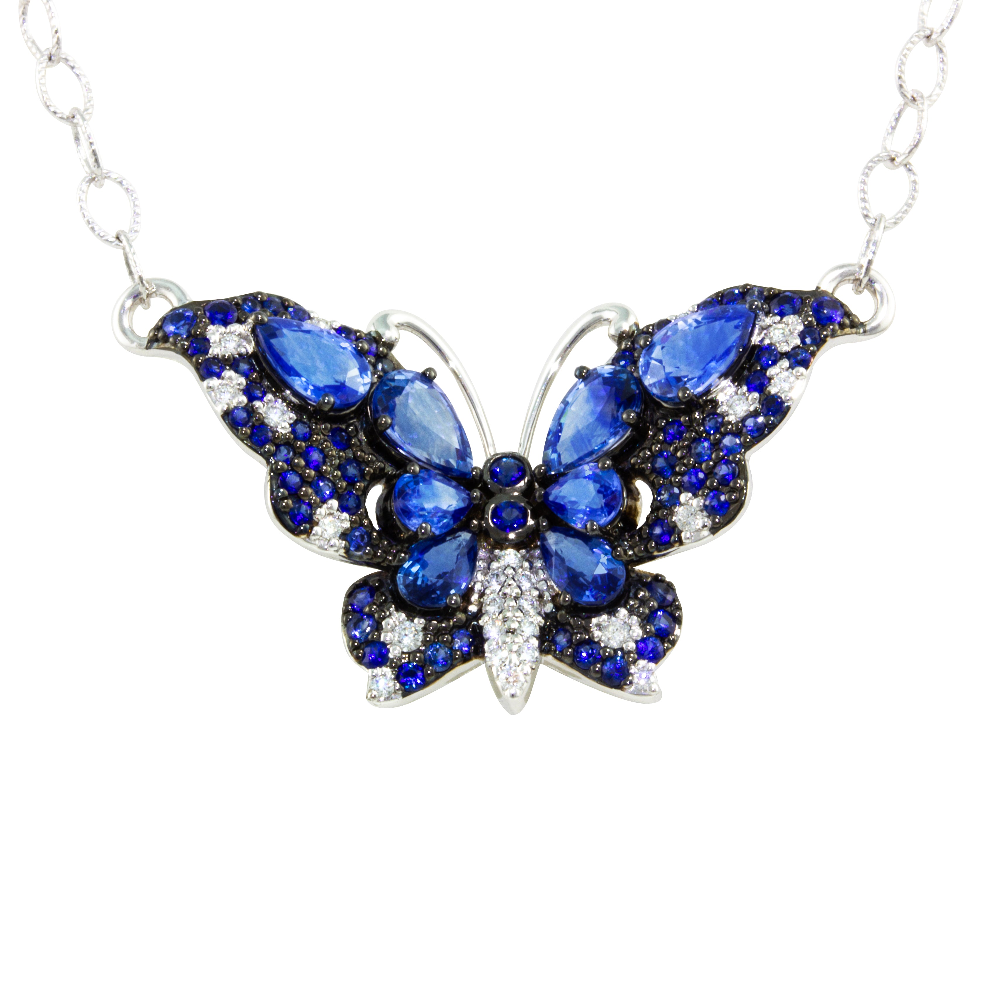 Exquisite Bellarri 14k White Gold Sapphire and Diamond Butterfly Design Pendant Necklace for Jewelry Lovers