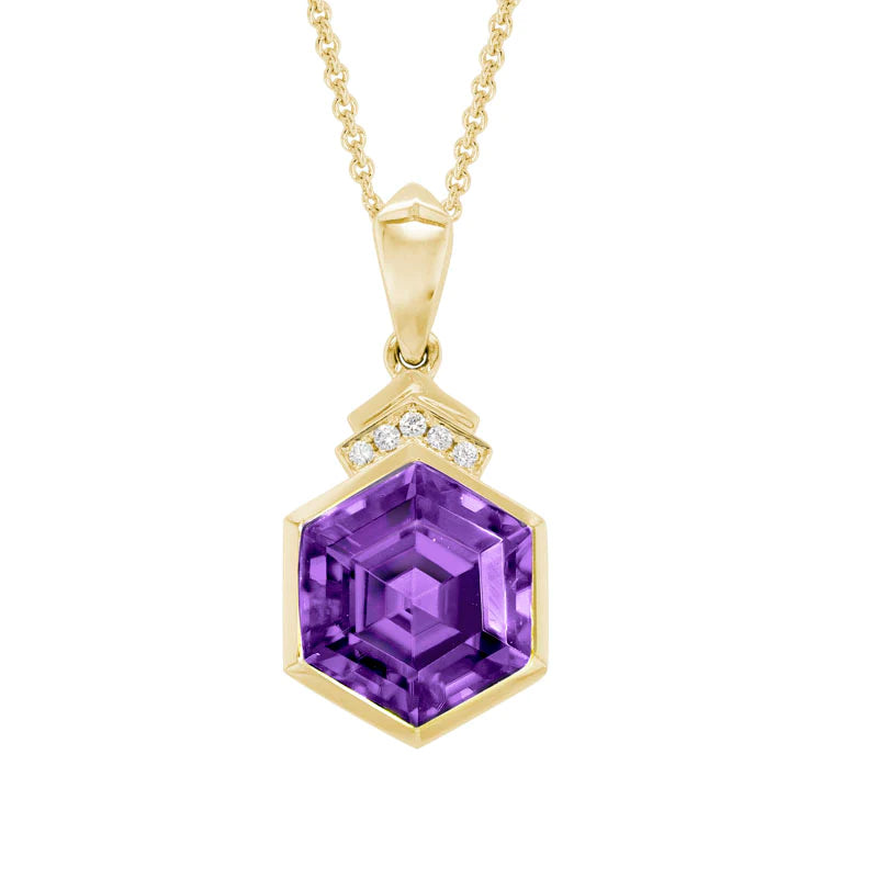 Stunning 14K Yellow Gold Amethyst and Diamond Adjustable Drop Necklace