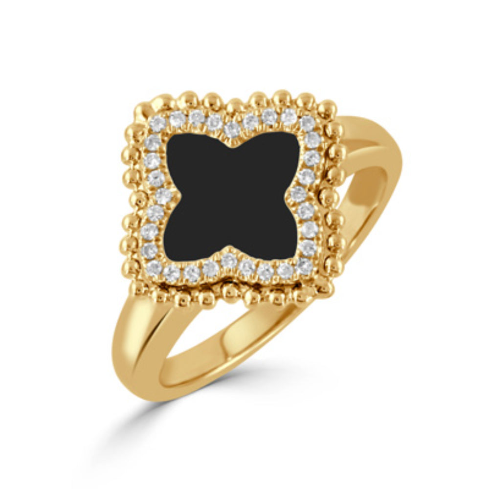 18k Yellow Gold and Diamond Clover Ring with Black Onyx