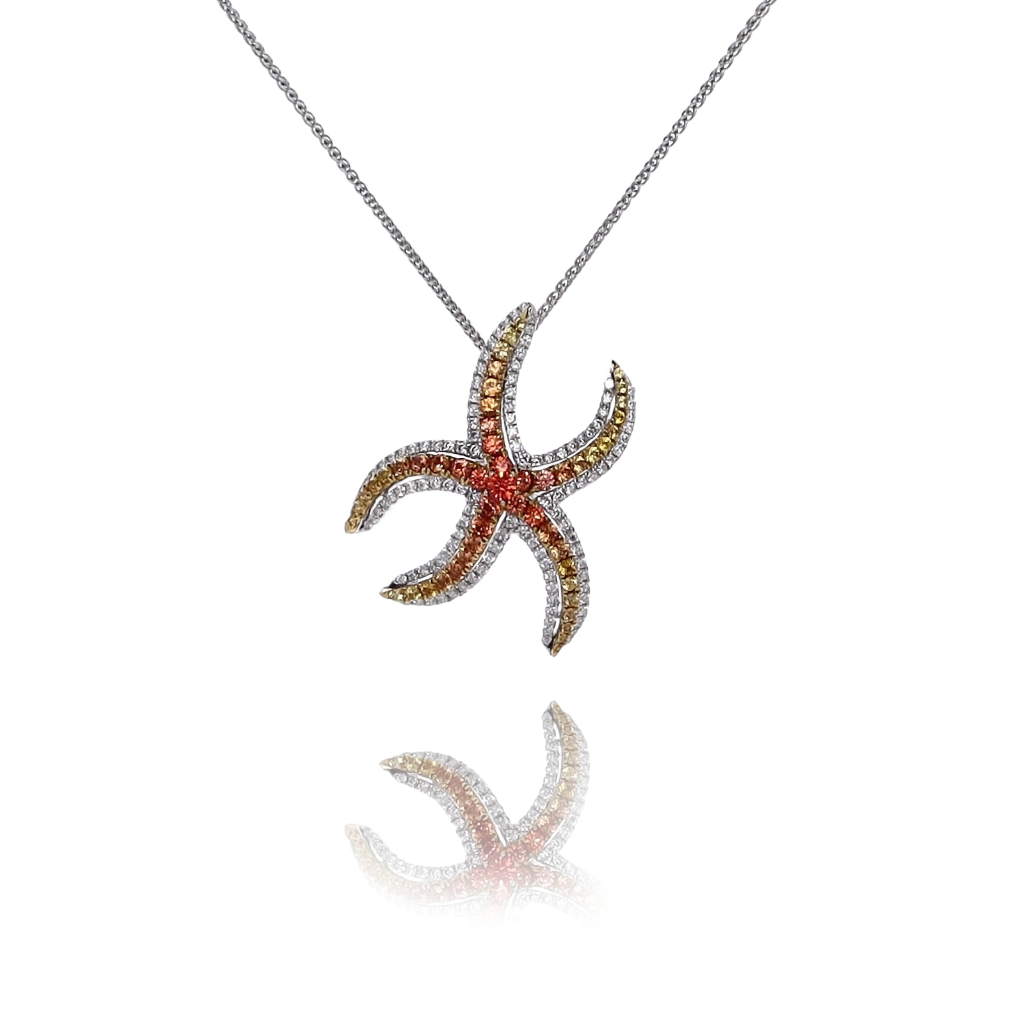 18K White Gold Multi - Colored Sapphire and Diamond Starfish Pendant Necklace