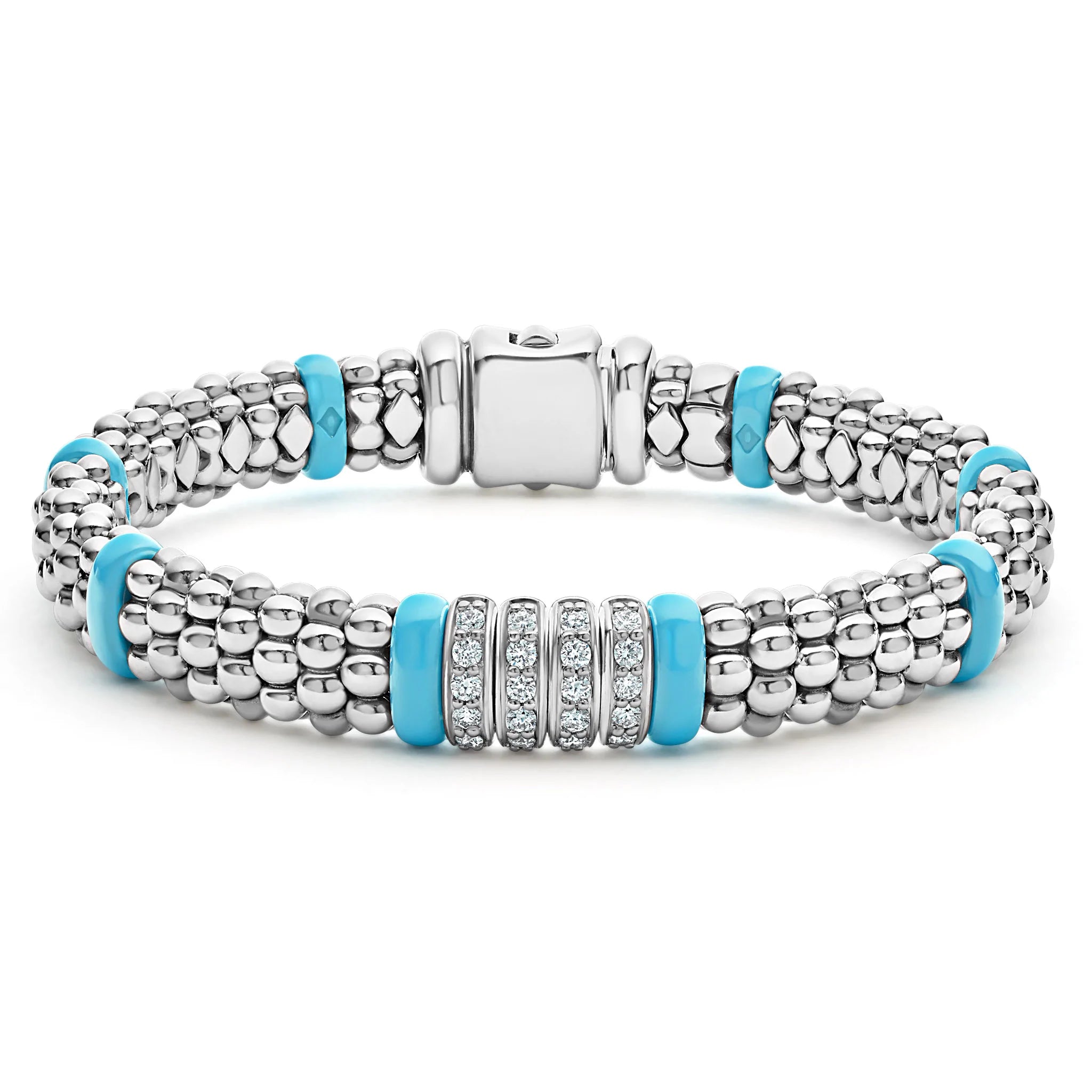 SS Blue Caviar Ceramic 4 - Row Pave Diamond (0.44TW) Smooth 9MM Rope Bracelet Size 7