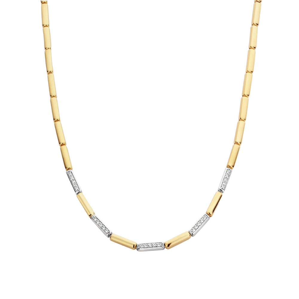 Stunning Ti Sento Necklace with Alternating SS and YGP Segments and CZ Accents, 16.5 Inches