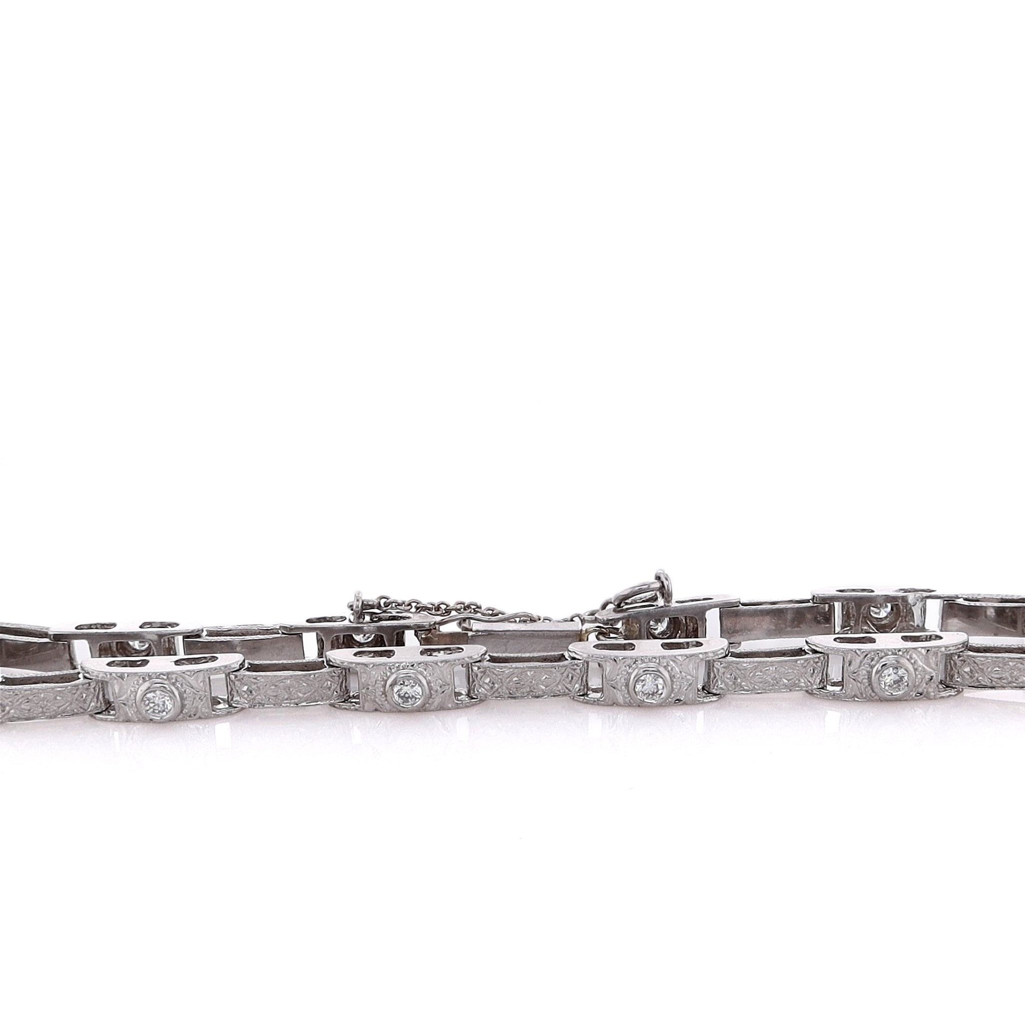 Exquisite Estate 14 Karat White Gold Diamond Bracelet with Engraved Links