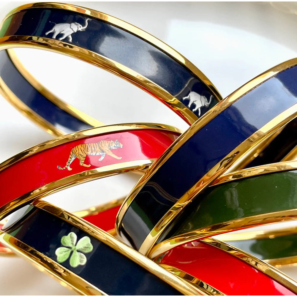 Navy and Gold Enamel Handcrafted Elephant Bangle by Halcyon Days, 1cm