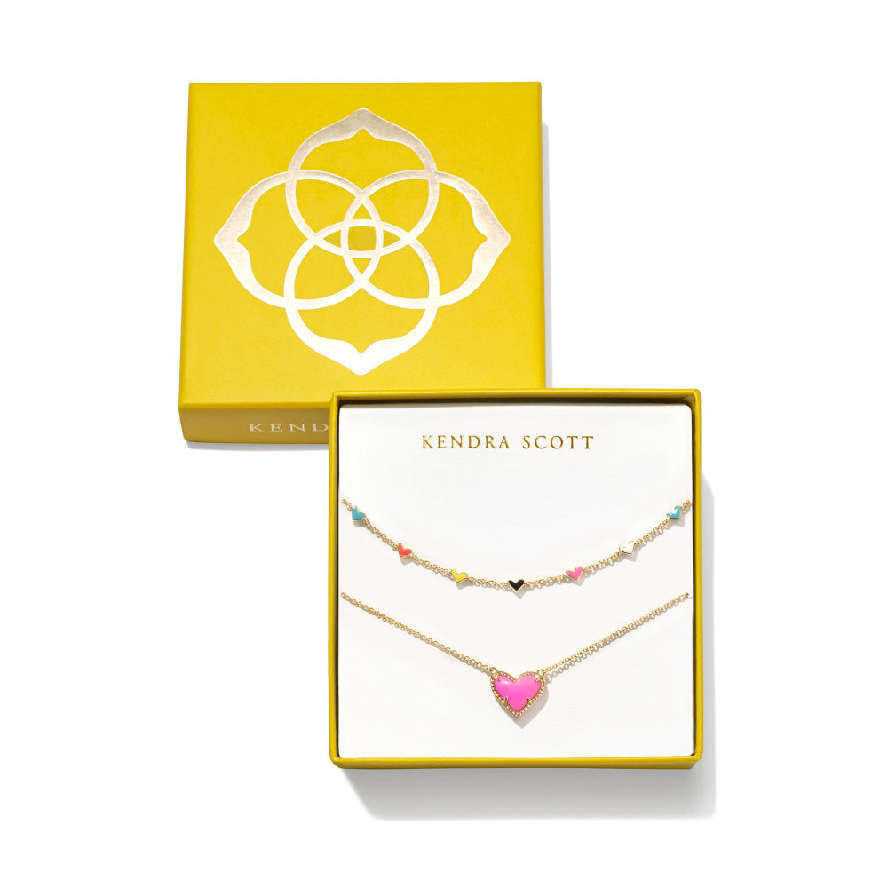 Kendra Scott Ari and Haven Neon Pink Magnesite Gold Enamel Heart Necklace Gift Set for Special Someone