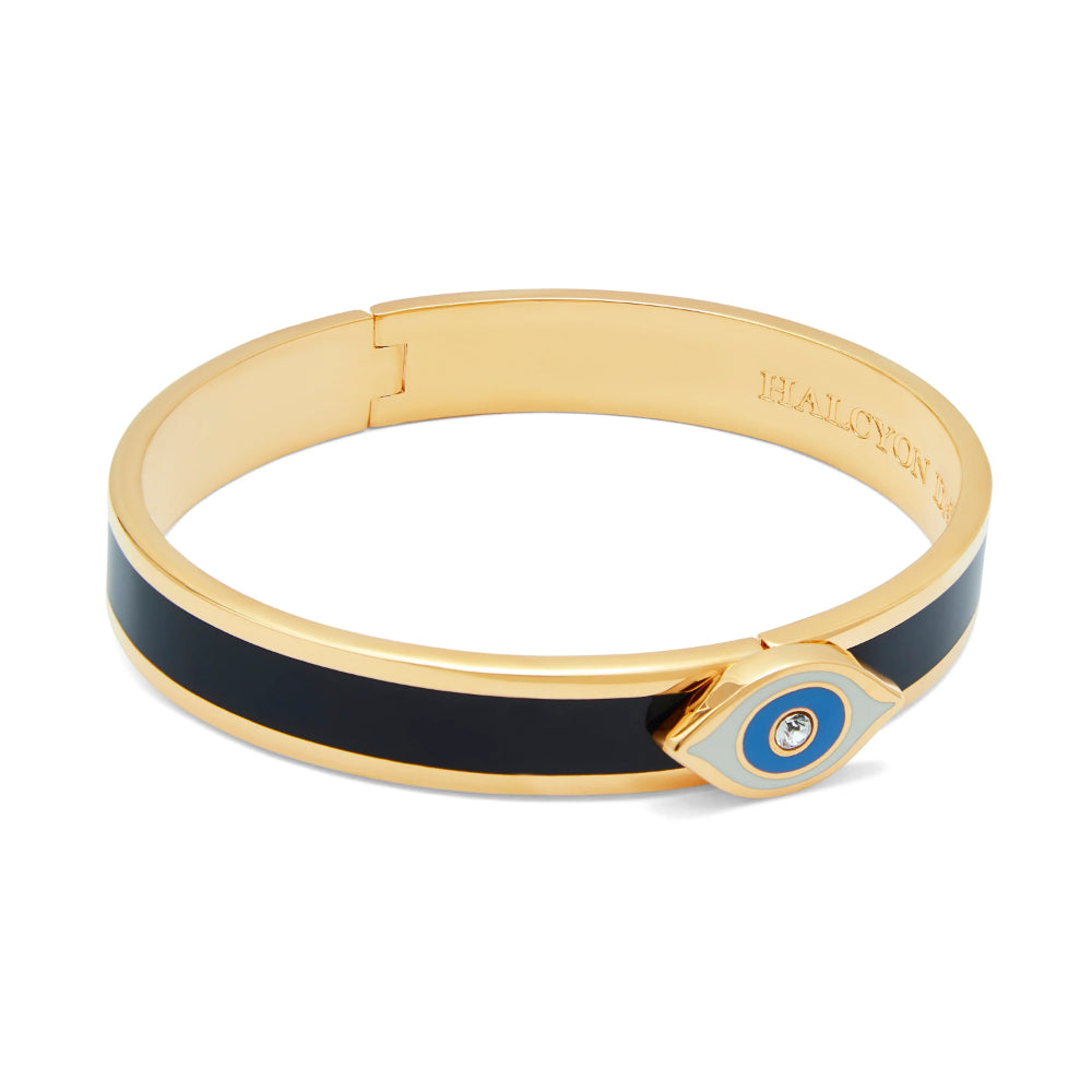 Halcyon Days Midnight & Gold Sparkling Evil Eye Button Hinged Enamel Bangle