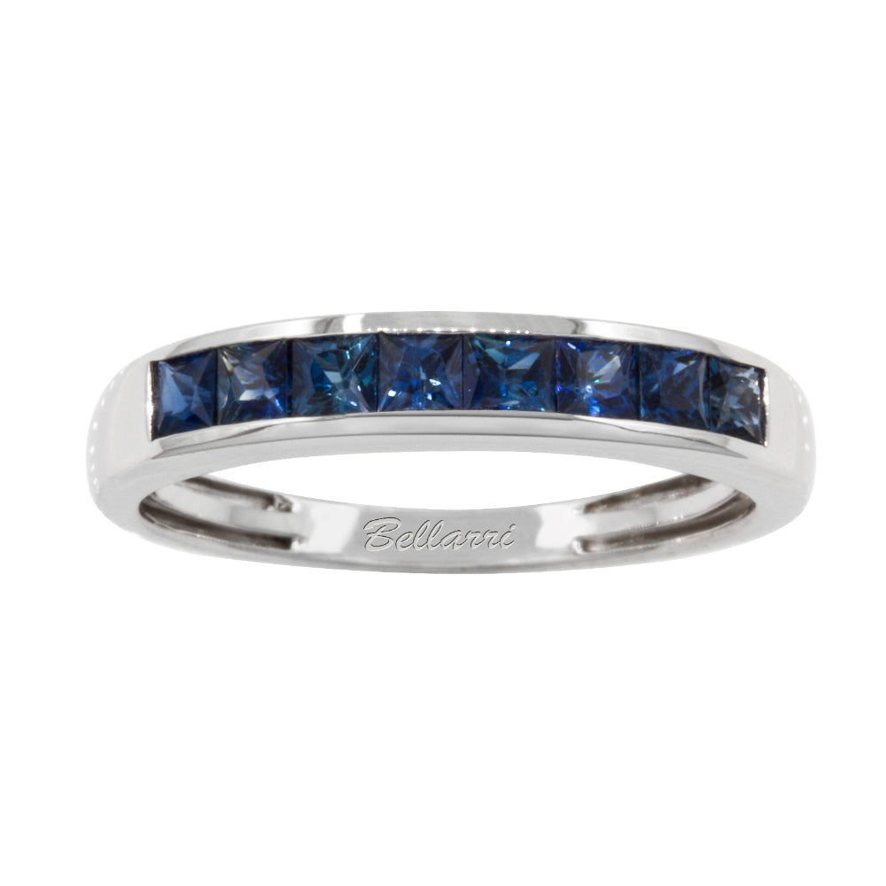 14k White Gold Channel Set Ring with 8 Princess Cut Blue Sapphires