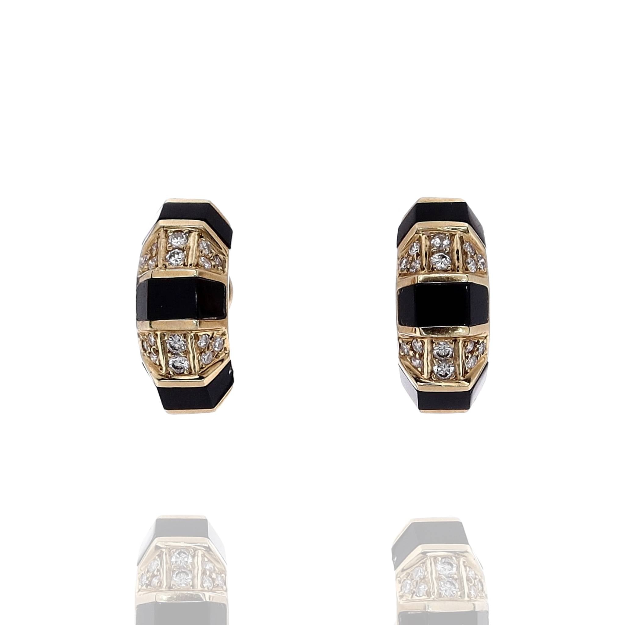 Exquisite 14k Yellow Gold Onyx and Diamond Triple - Sided Hoop Earrings