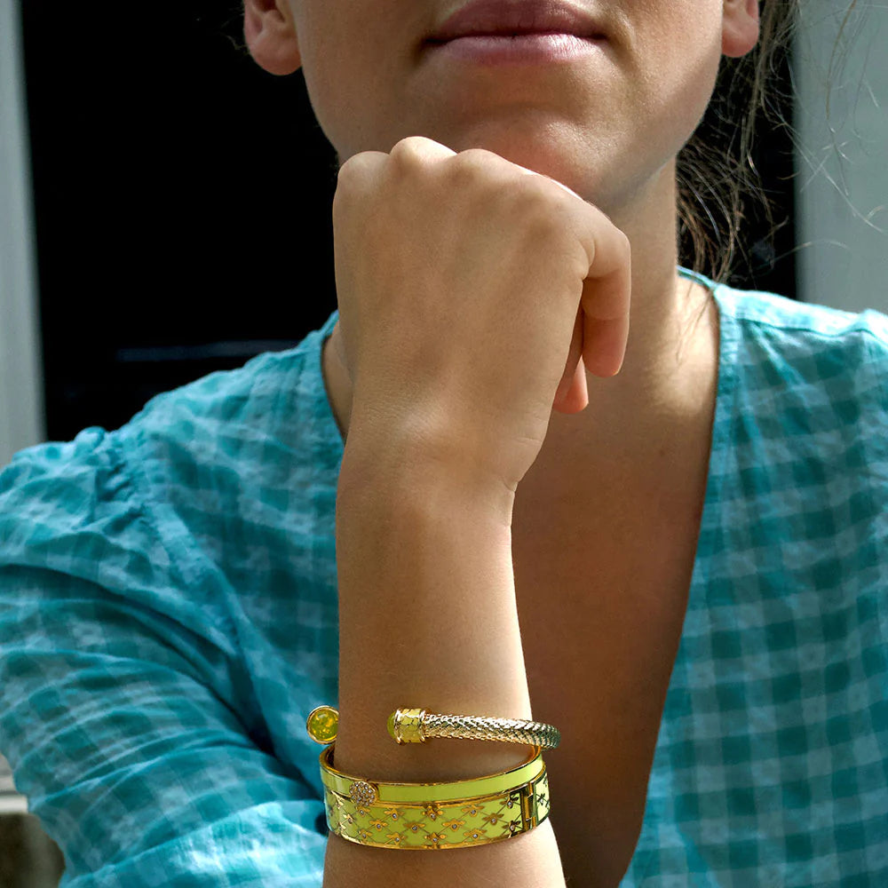 Halcyon Days 13mm Gold - Plated Enamel Hinged Bee Sparkle Trellis Design Jewelry Bangle