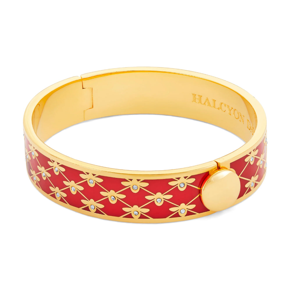 Halcyon Days 13mm Gold - Plated Enamel Hinged Bee Sparkle Trellis Design Jewelry Bangle