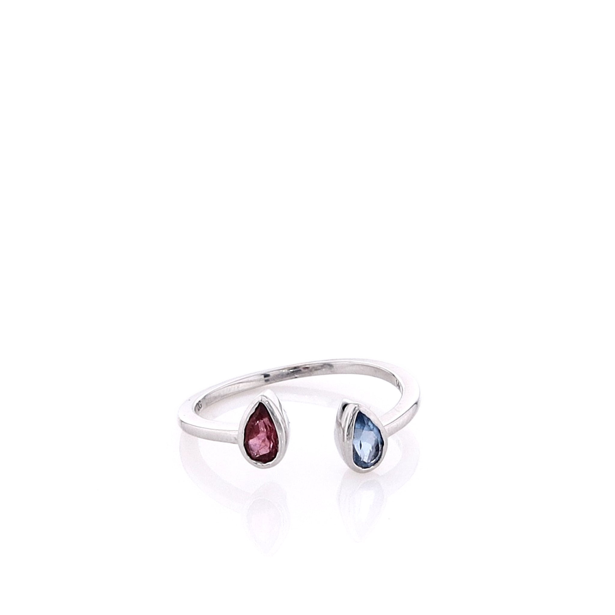 Stunning 14k White Gold Ring Featuring Pear Shaped Pink Tourmaline and Blue Topaz Gemstones