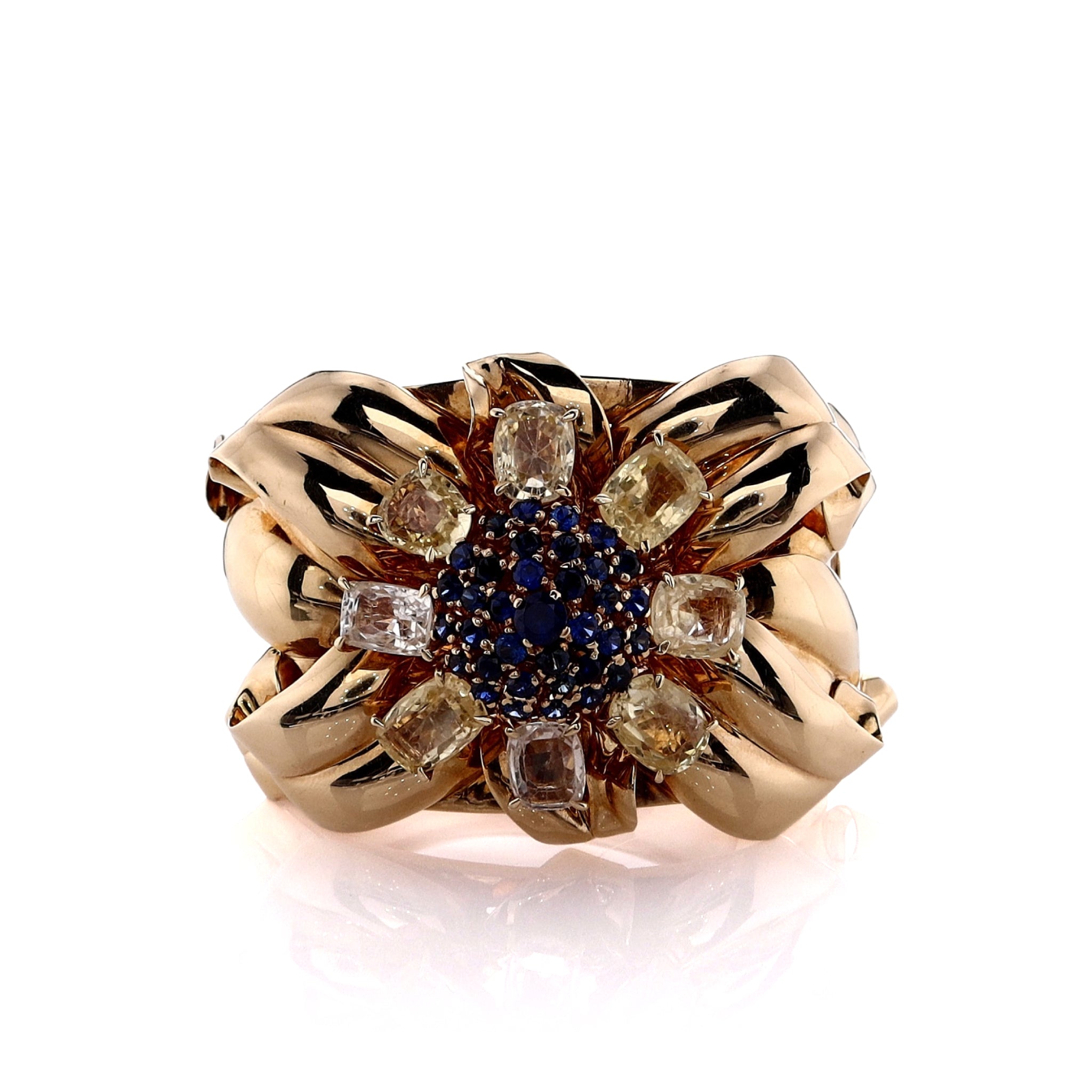 14k Yellow Gold Hinged Multi - Color Sapphire Flower Bangle Bracelet