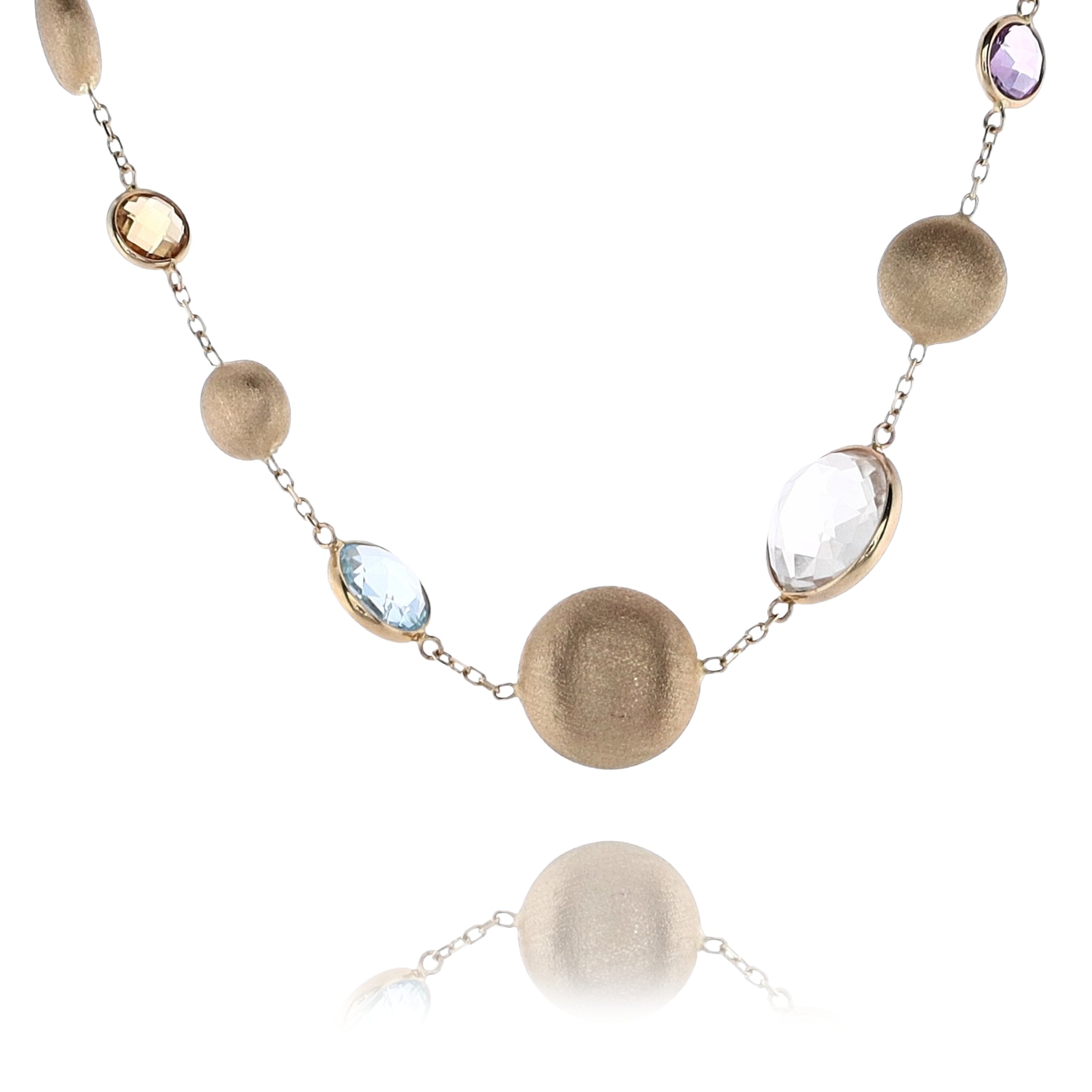 14 Karat Yellow Gold Necklace with Alternating Multi - colored Stones and Gold Station Beads