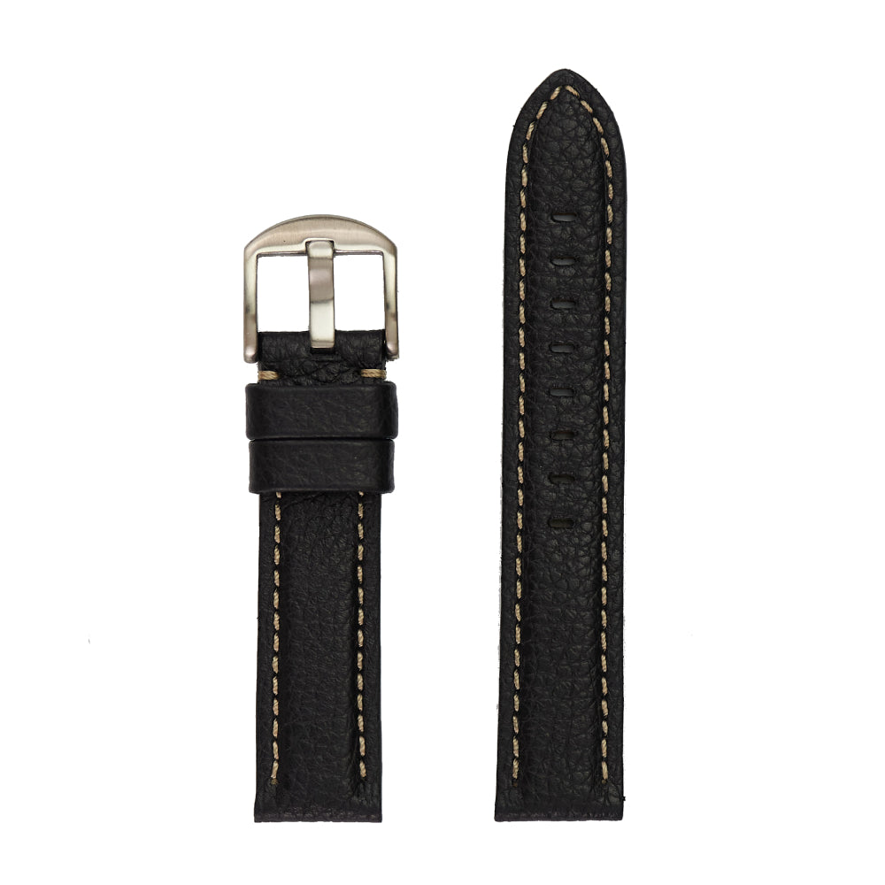 Black Genuine Shrunken Grain Calfskin Leather Padded Stitched Watch Band