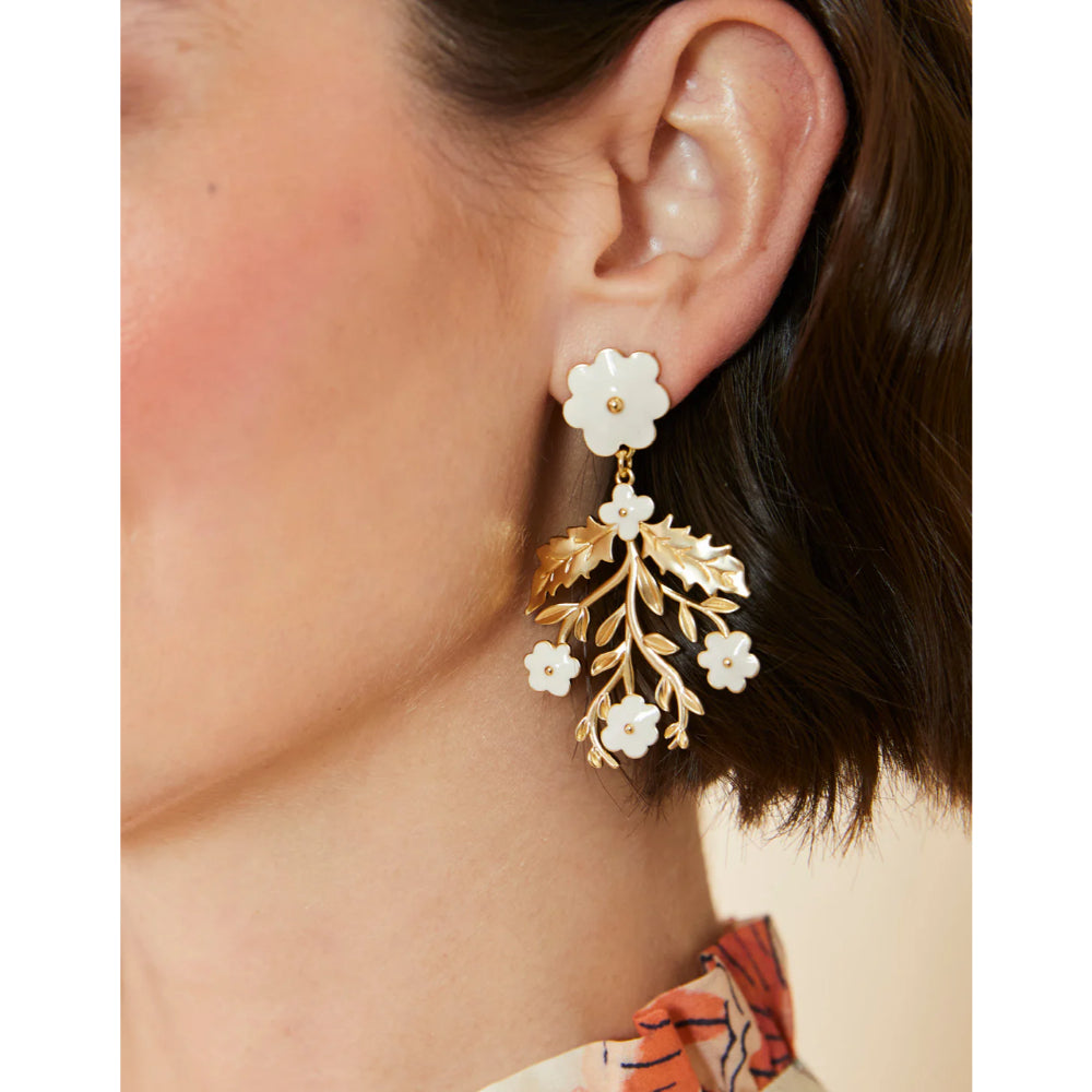 Cream-colored Spartina Delphinium Enamel Earrings with 18kt Matte Gold Plating