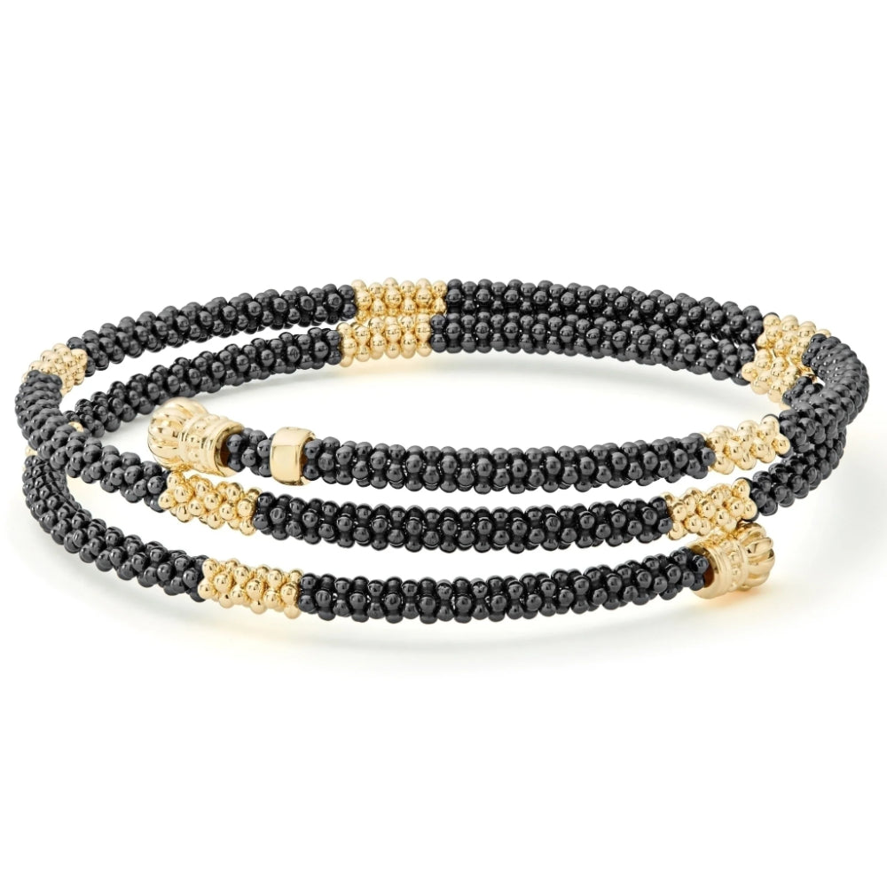 Lagos 18k Gold Black Caviar Beaded Small Station Ceramic Coil Wrap Bracelet, 3mm Width for Most Wrist Sizes