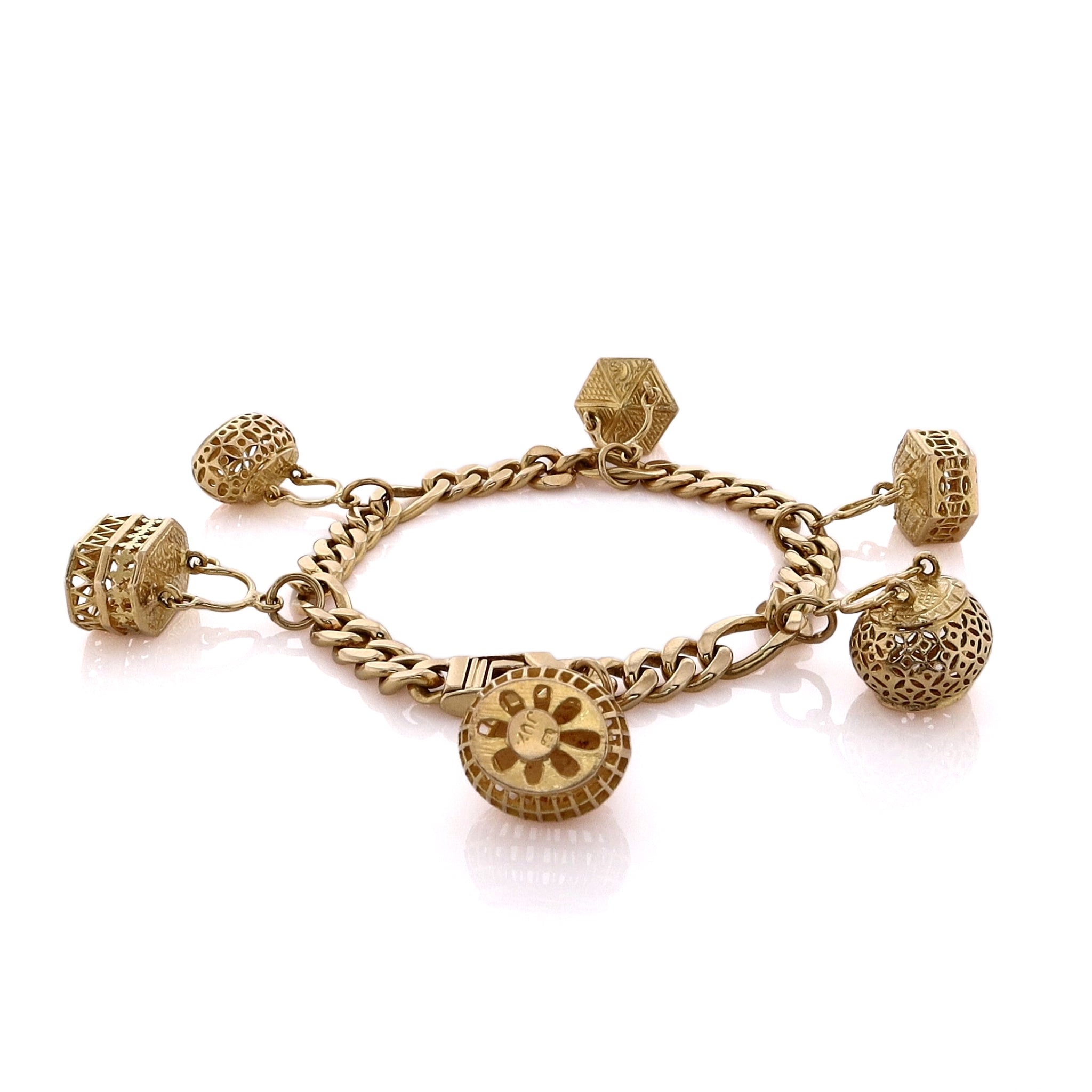 22 Karat Estate Yellow Gold Figaro Chain Bracelet with 6 Assorted Hanging Baskets