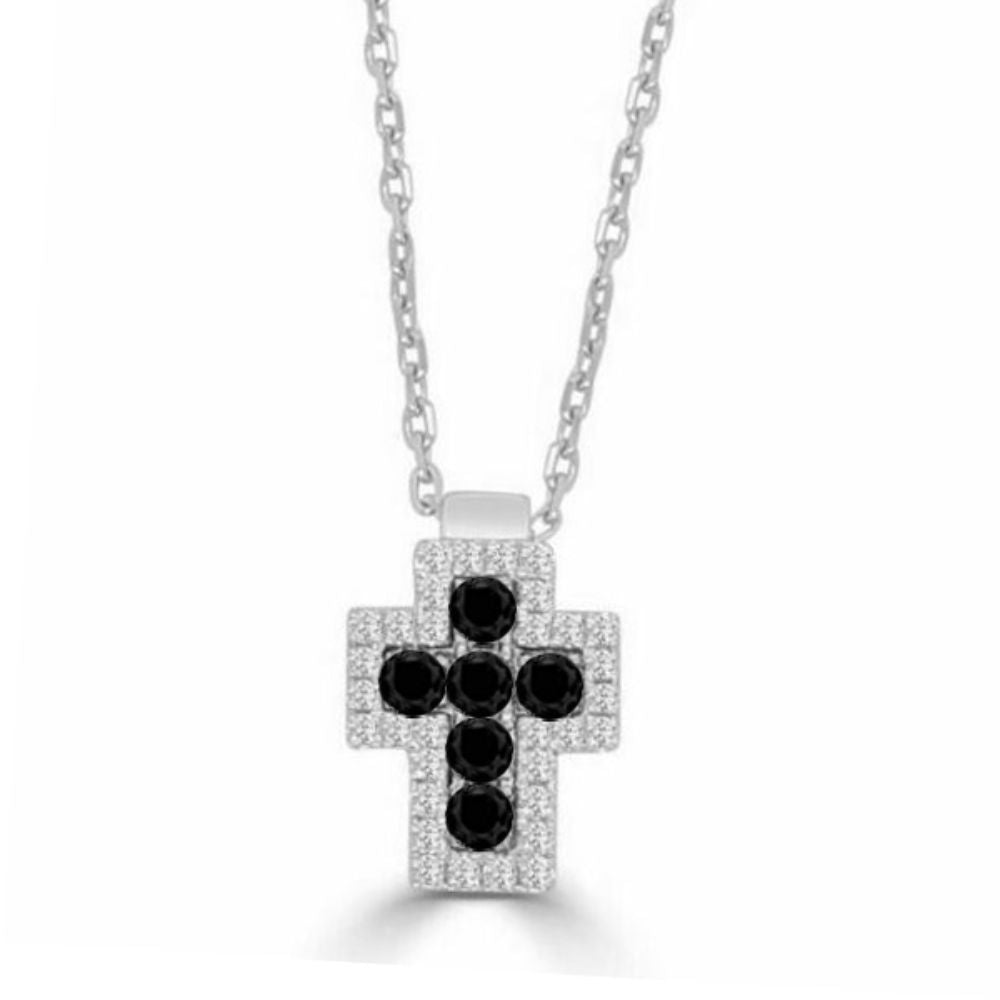 14k White Gold Firenze II Style Black and White Diamond Cross Pendant with Chain