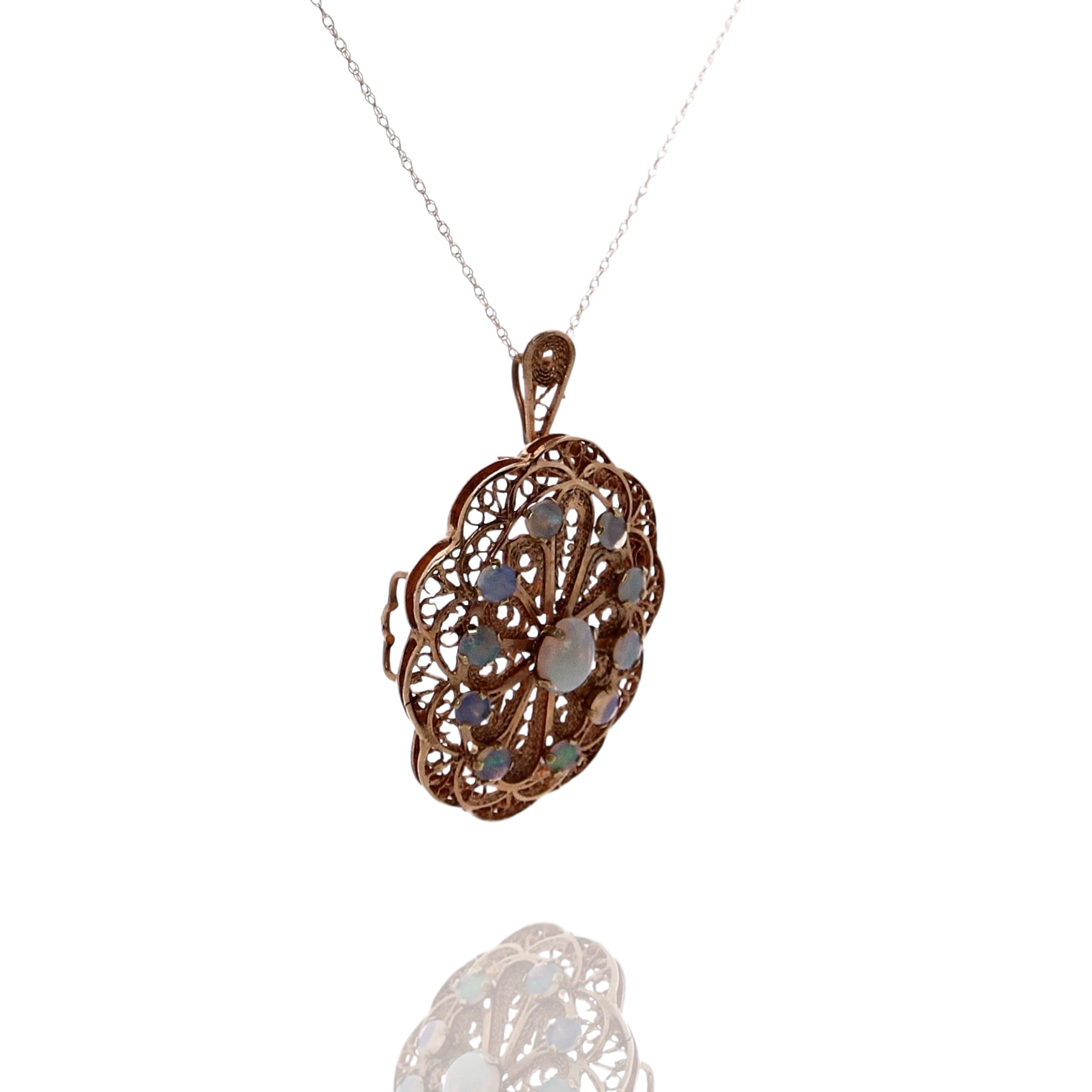 14k Yellow Gold Necklace with 1 Oval and 10 Round Opals as Pin/Pendant