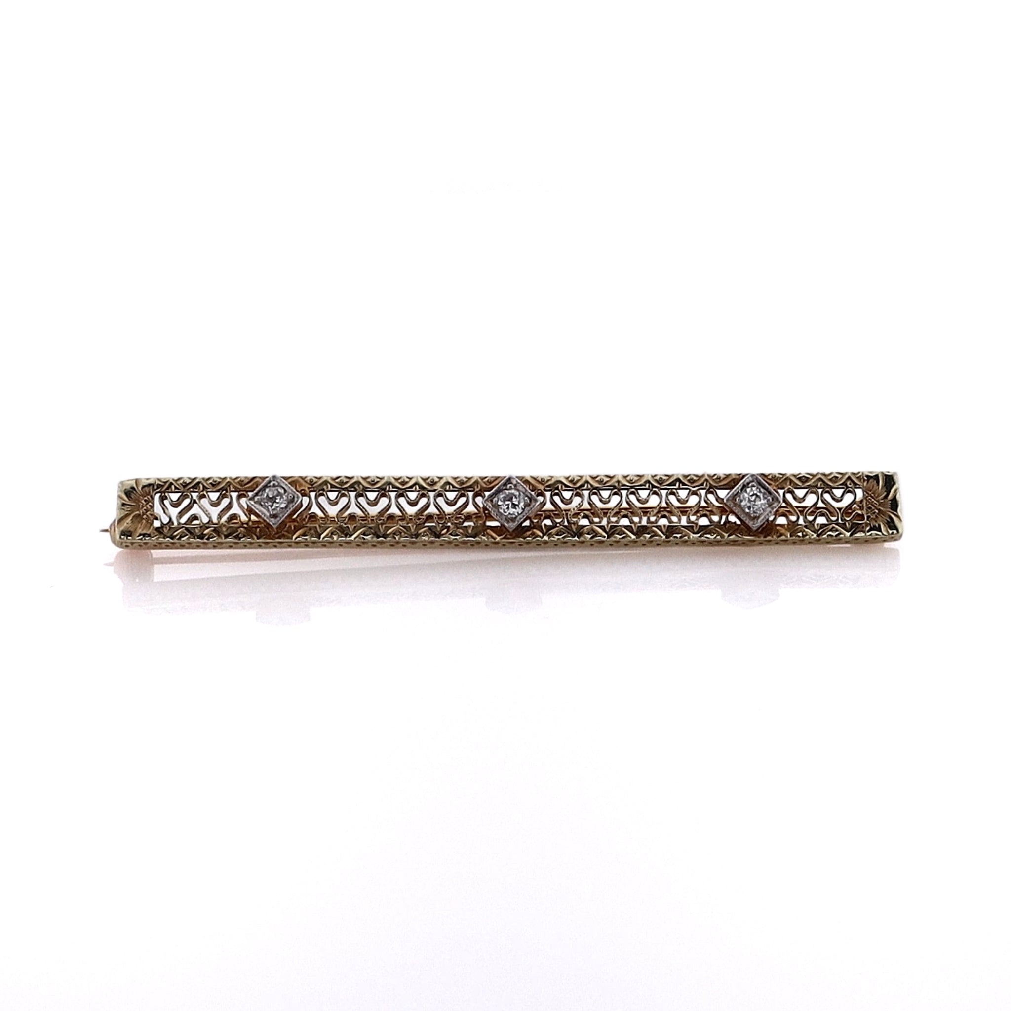 Exquisite 14 Karat Yellow Gold Bar Pin with 3 Old European Diamonds