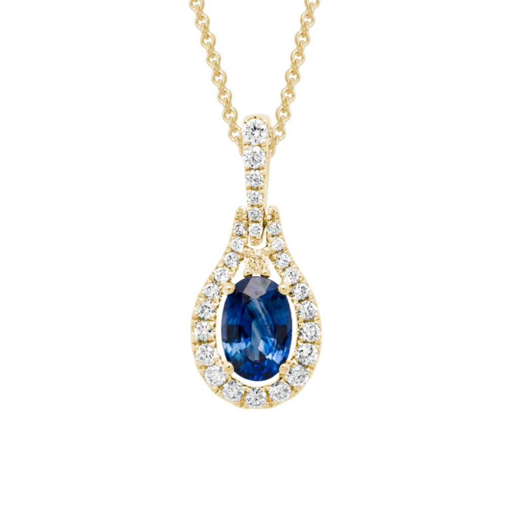 Gorgeous 14k Yellow Gold Sapphire and Diamond Halo Adjustable Pendant Necklace