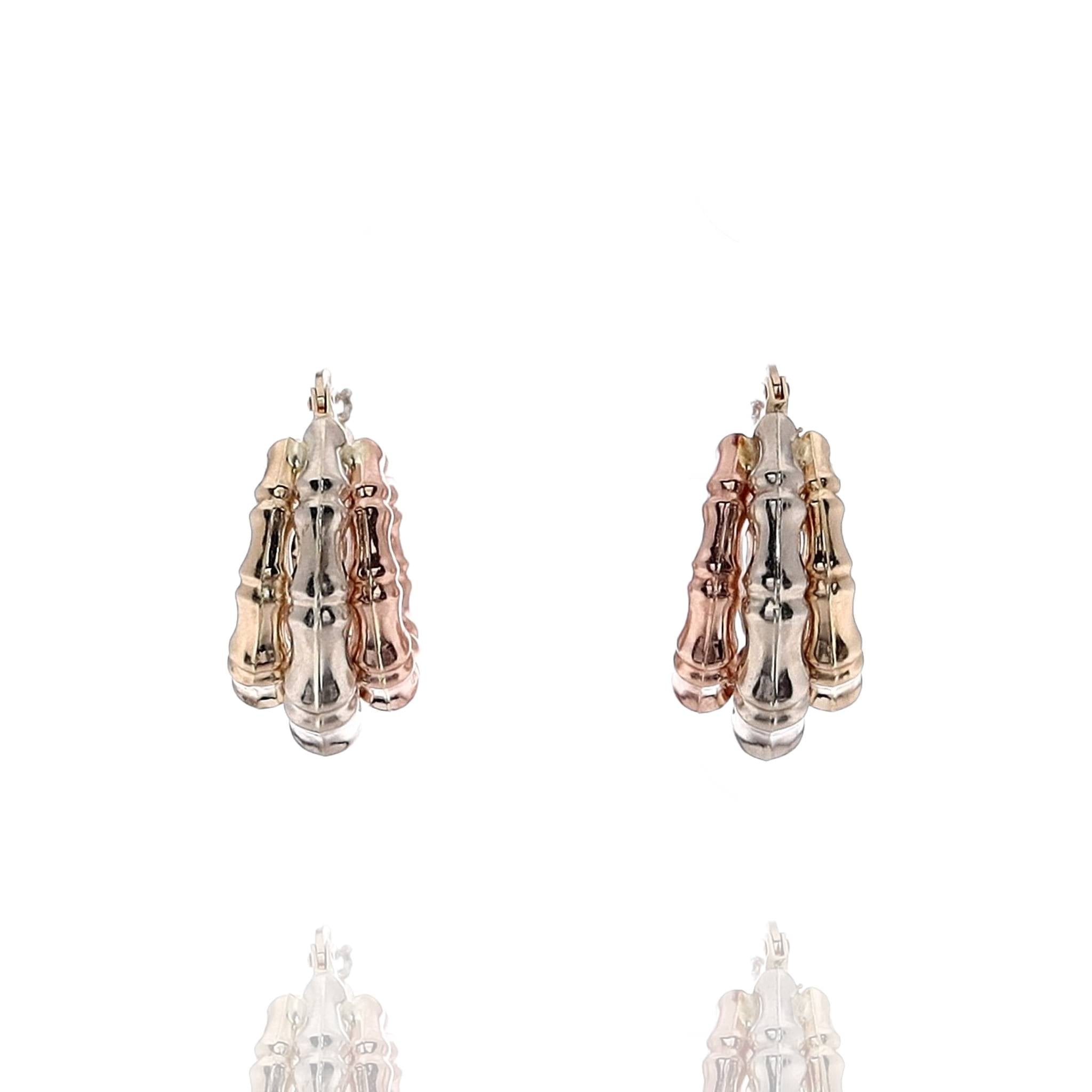 Exquisite Estate 14k Tri - Tone Gold Triple Bamboo - Style Hoop Earrings for Jewelry Lovers