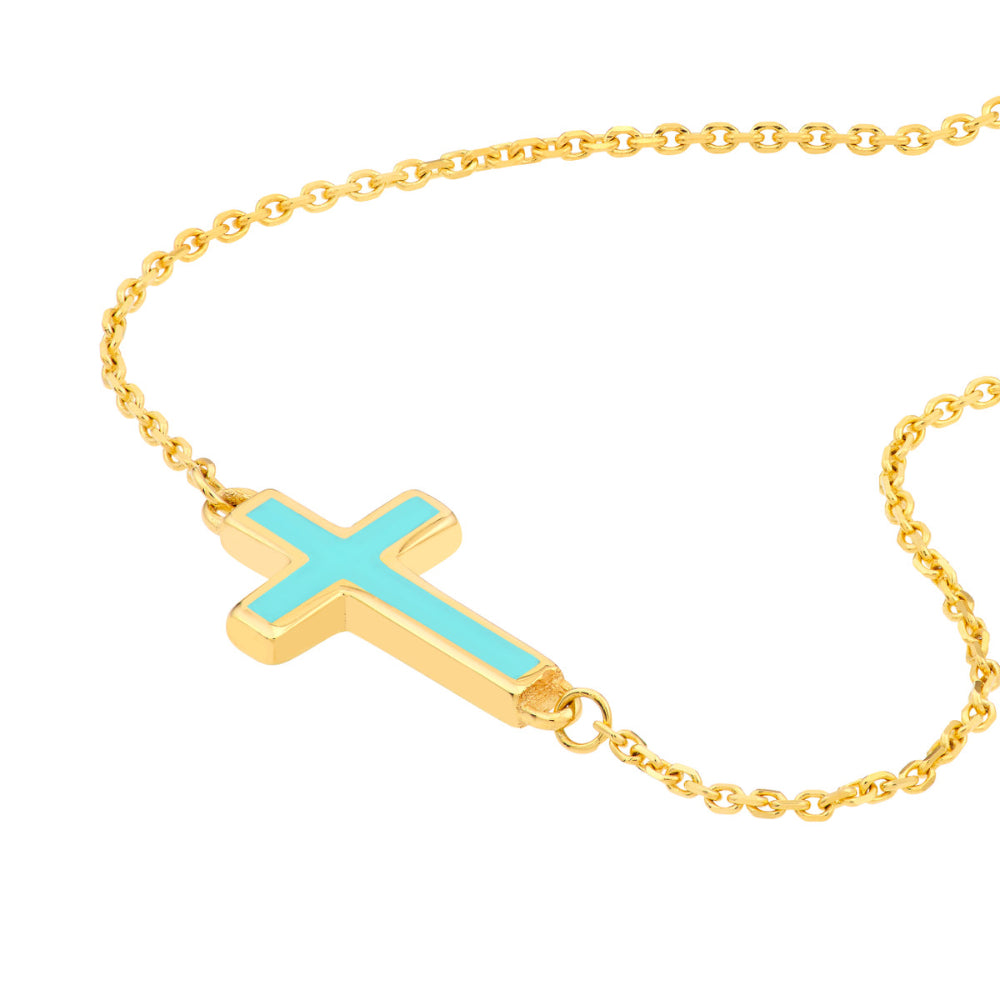 14k Yellow Gold Adjustable Sideways Enamel Cross Necklace