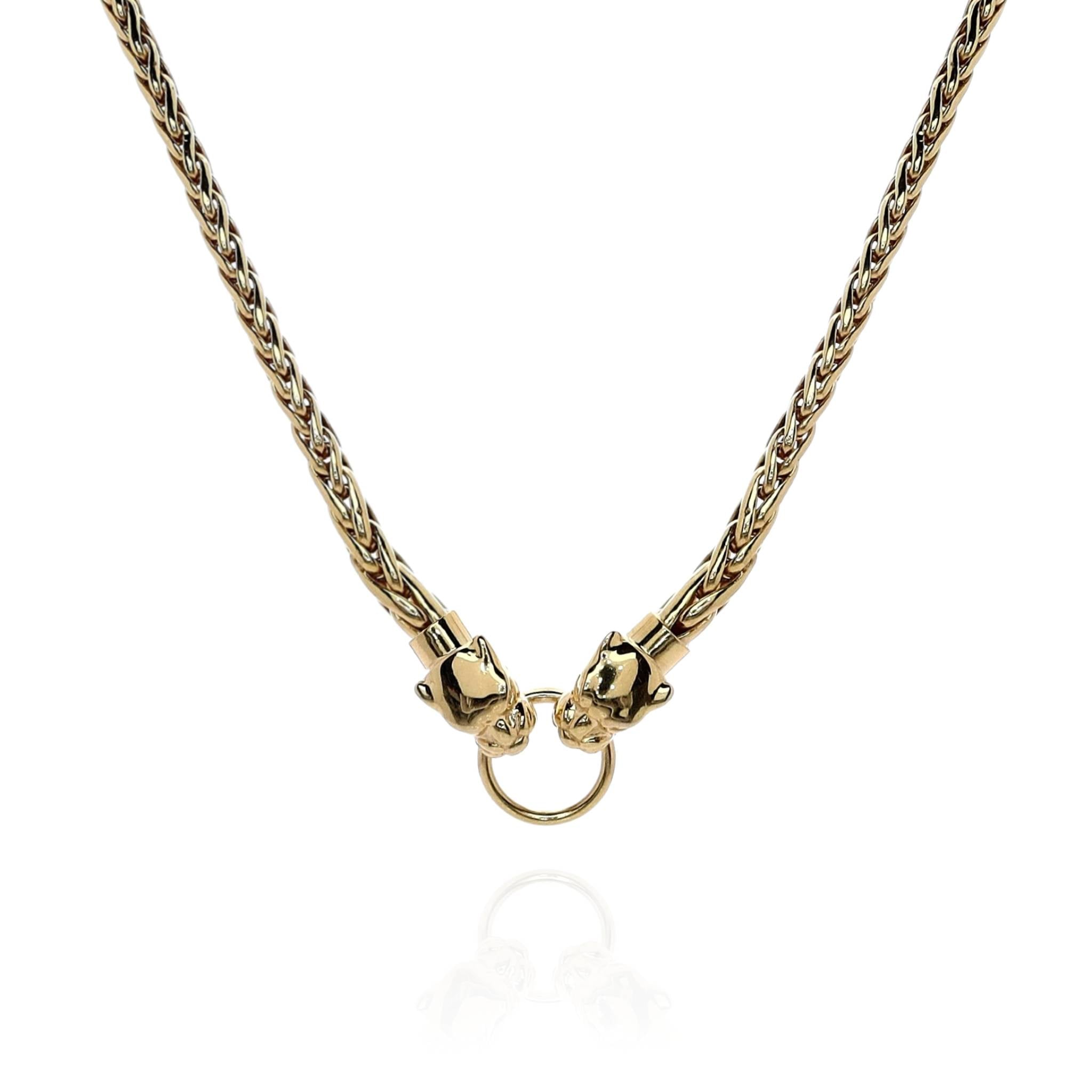 Exquisite Estate 14k Yellow Gold Polished Panther Heads Design Wheat Link Necklace for Fashion Lovers