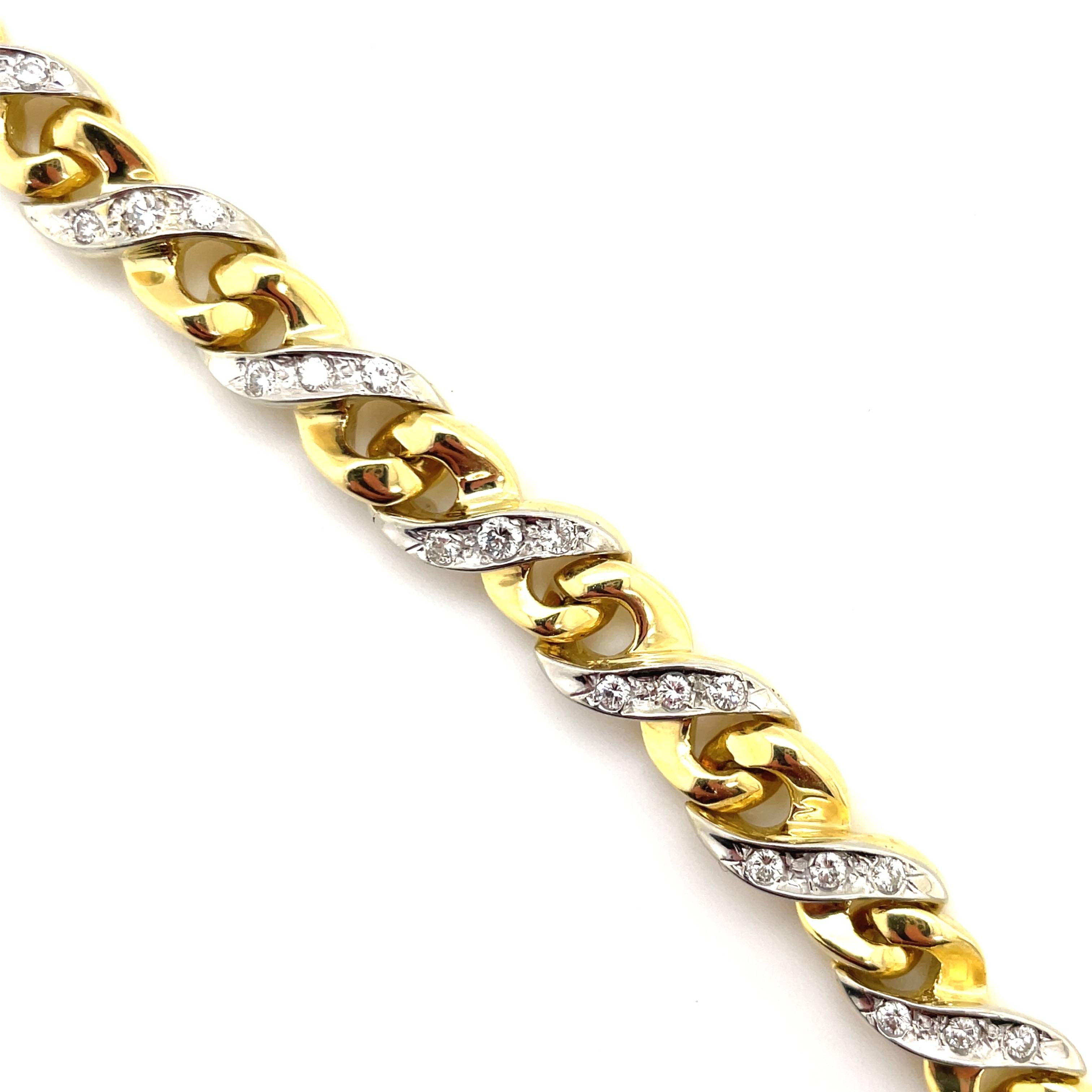 18k Gold Two Tone Luxury Estate Infinity Link Bracelet Adorned With Pave Set Round Brilliant Cut Diamonds