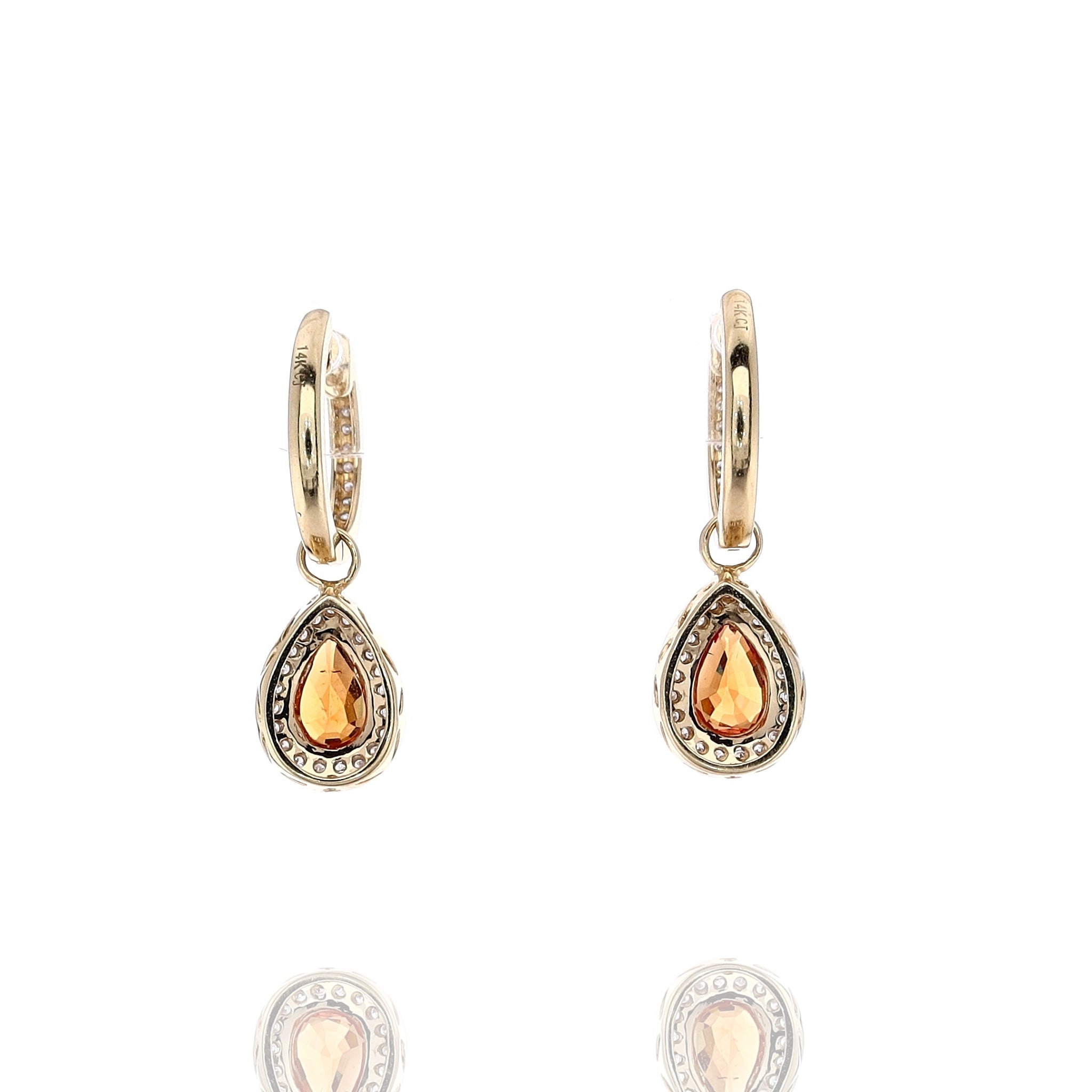 14k Yellow Gold Estate Orange Garnet and Diamond Dangle Hoop Earrings - Exquisite Jewelry Piece